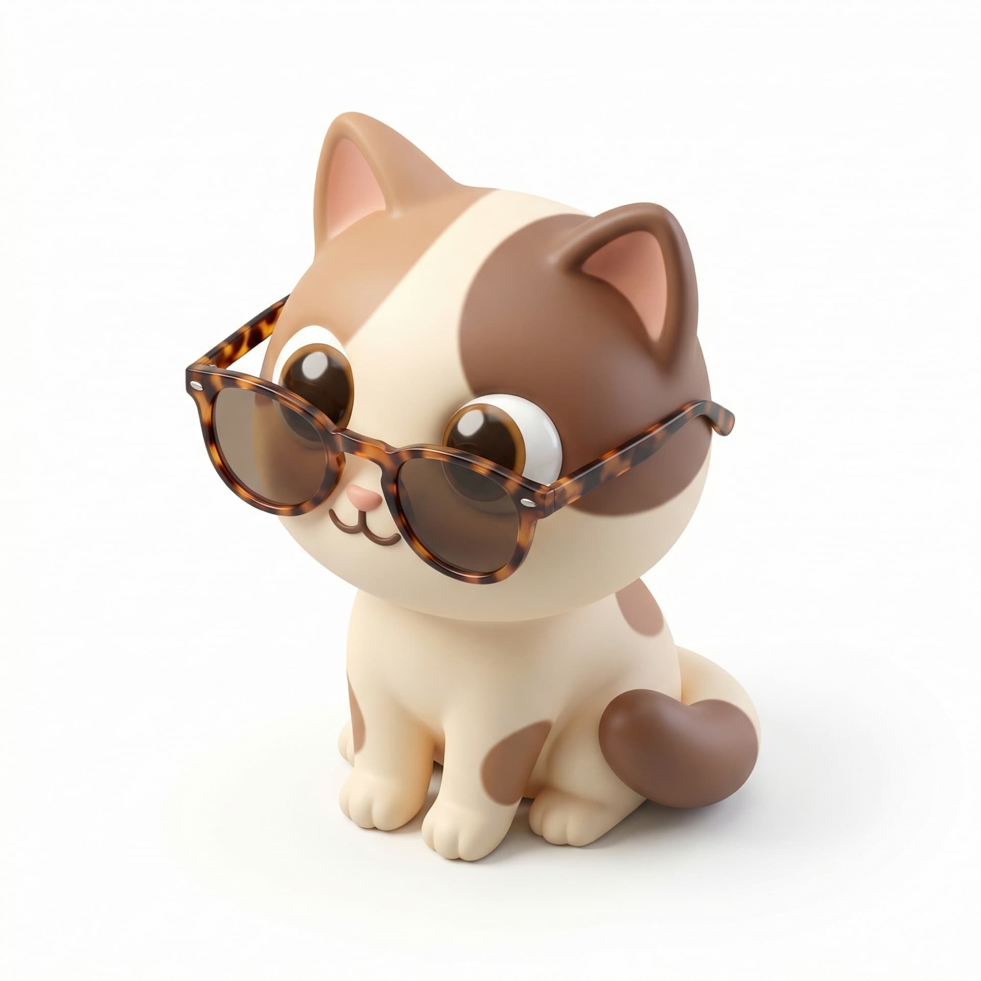 a cute 3D cartoon-style cat, sitting upright, wearing tortoiseshell sunglasses, with soft brown and cream fur, big round glossy eyes, and a cheerful expression, studio lighting, black background, high detail, toy-like aesthetic, smooth matte texture, Pixar-inspired style