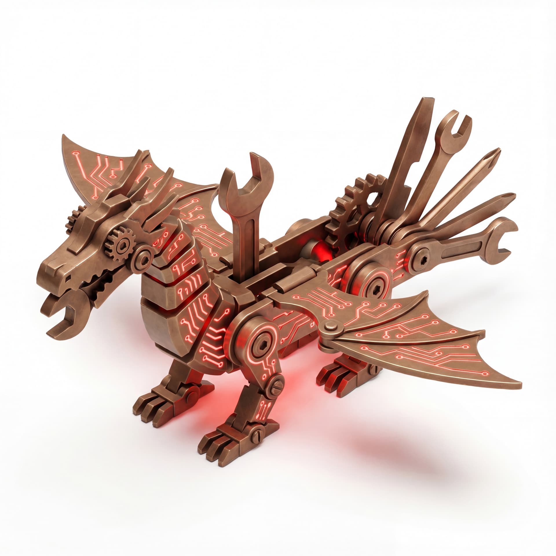 An isometric dragon of bronze machine plates marked with circuit runes radiating a thin red power glow symbolizing human ambition.
