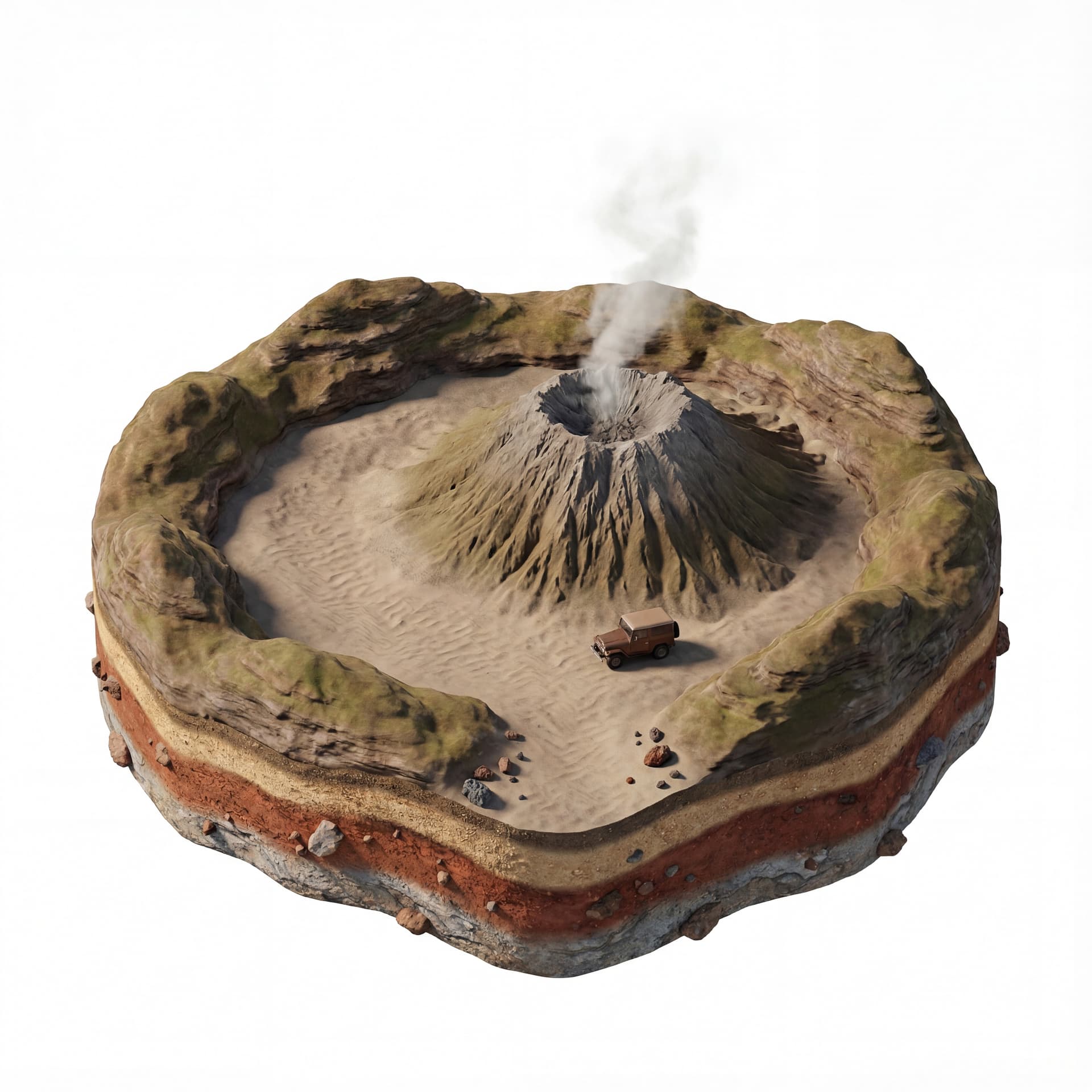 Mount Bromo, detailed volcanic crater, circular caldera, sea of sand, low hills around the crater, thin smoke rising from the cone, small jeep hardtop on the sand for scale, floating island base with layered soil + sand textures, scattered rocks