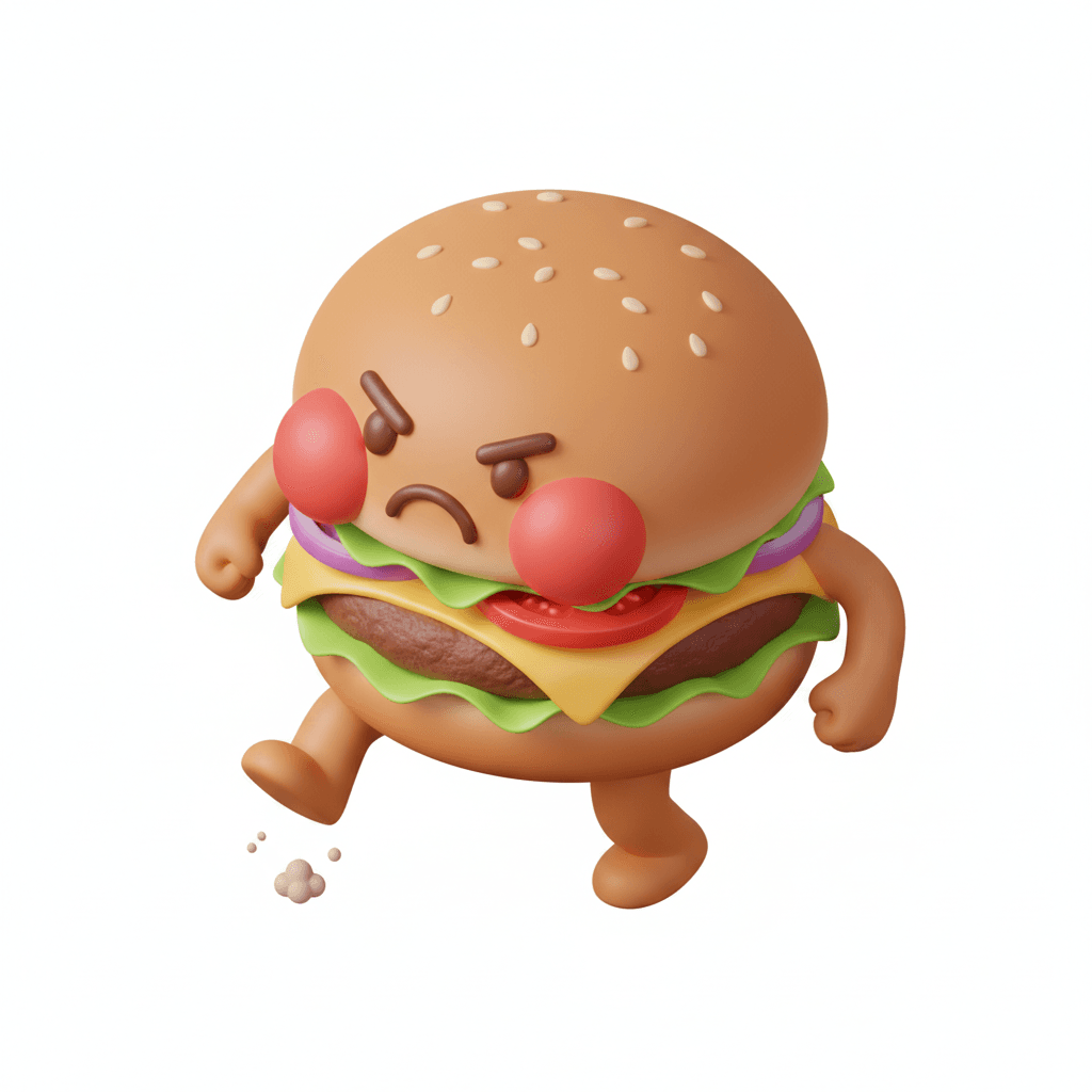 isometric vector of a grumpy but cute burger stomping with frown and red cheeks