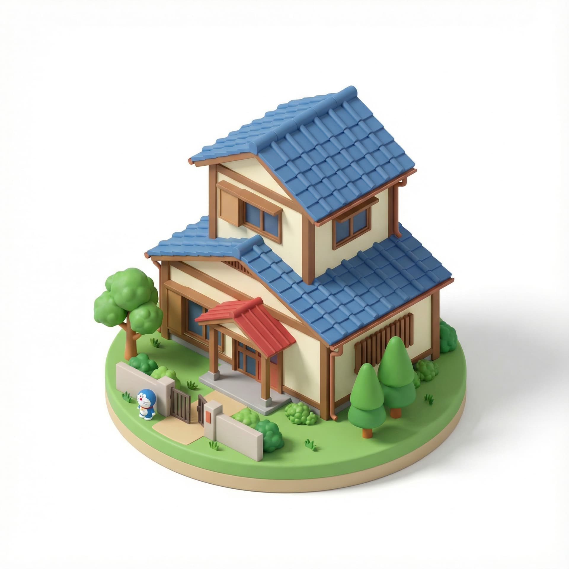 Create a high-definition miniature 3D isometric diorama of the Doraemon House