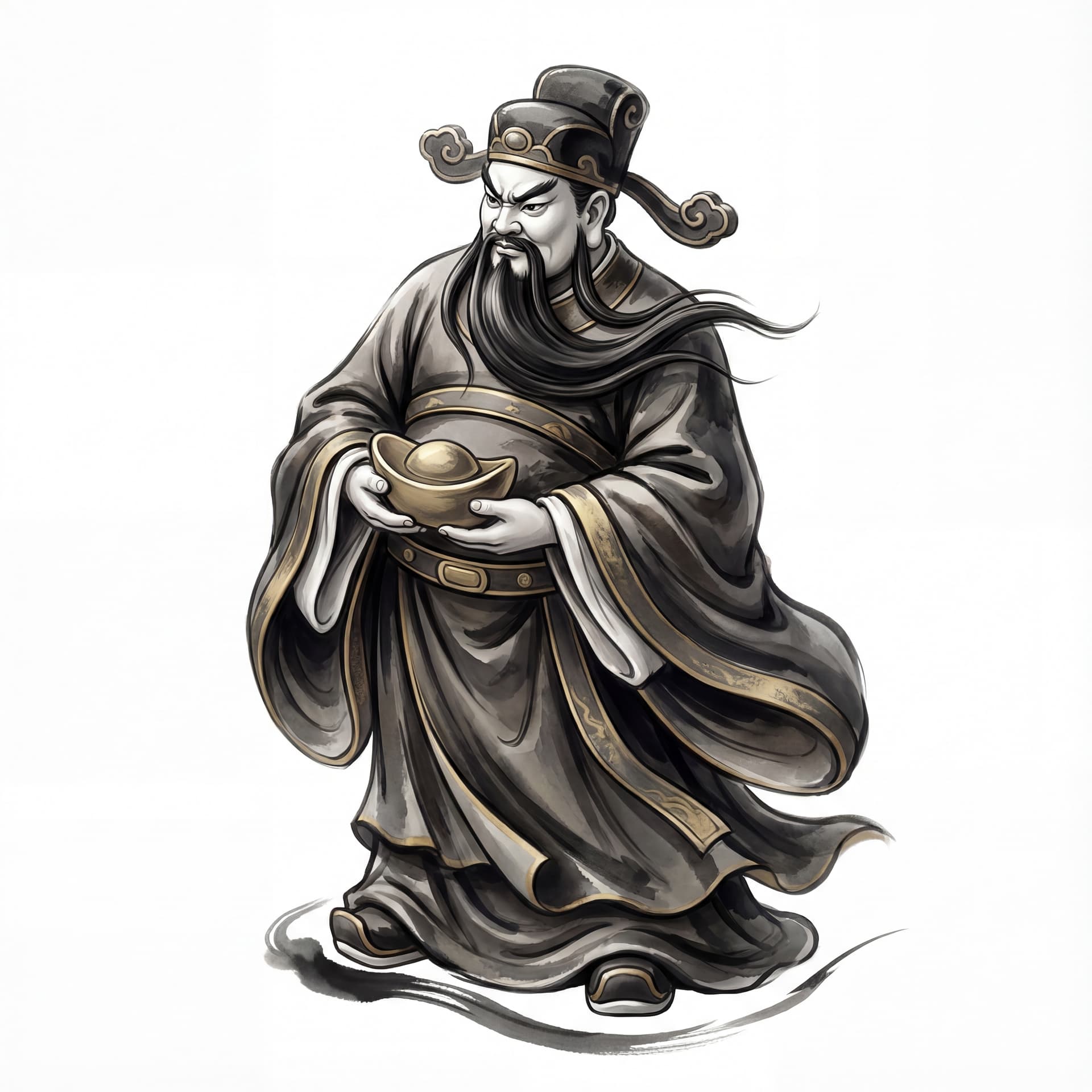 A high-impact God of Wealth illustration inspired by Chinese ink and brush art, bold expressive strokes defining the beard, robe, and hat, fierce but controlled presence, isolated on a white background.
