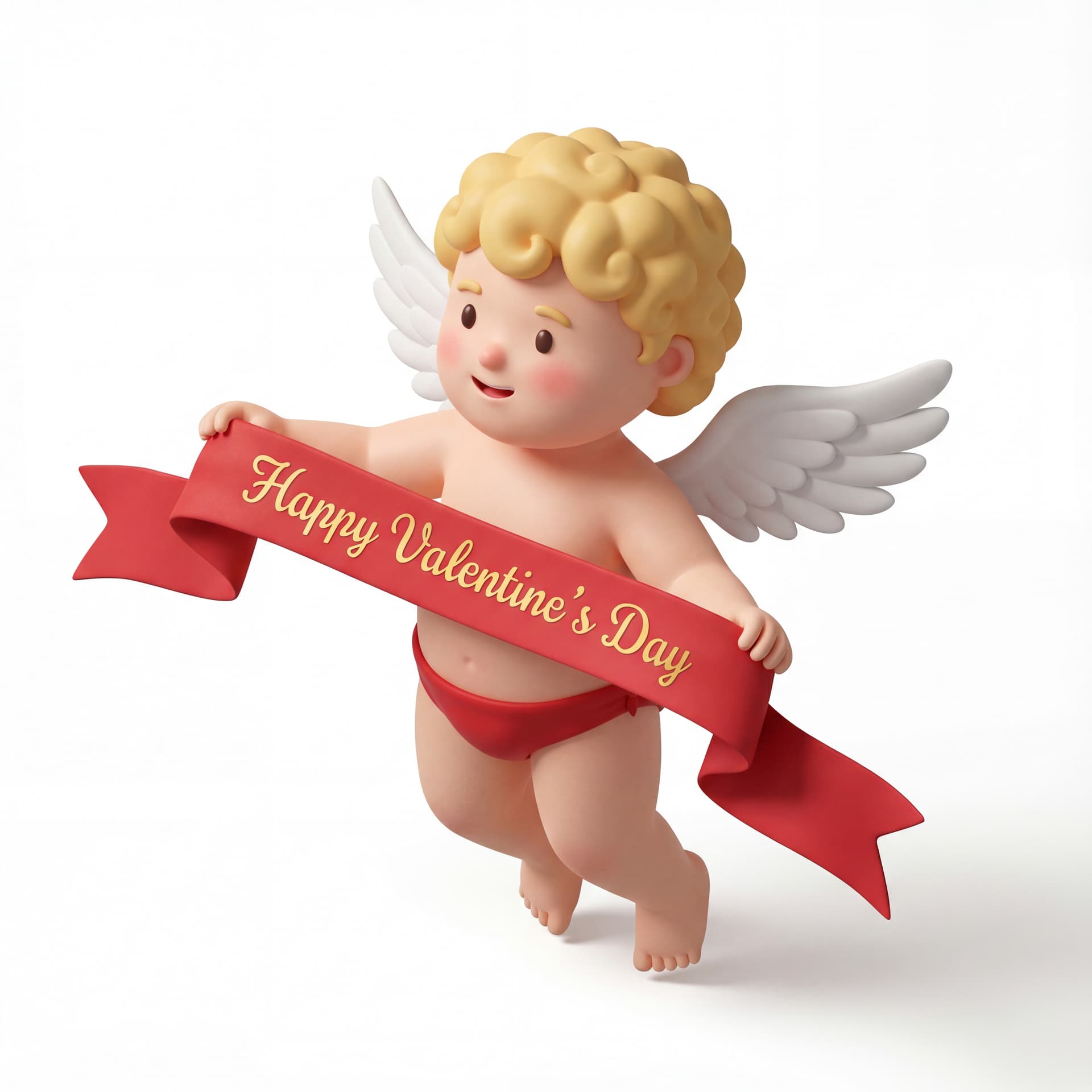 A full-body portrait of a cute Cupid character holding a ribbon banner stretched horizontally, the banner containing the text “Happy Valentine’s Day,” wings slightly open, isolated on a white background.