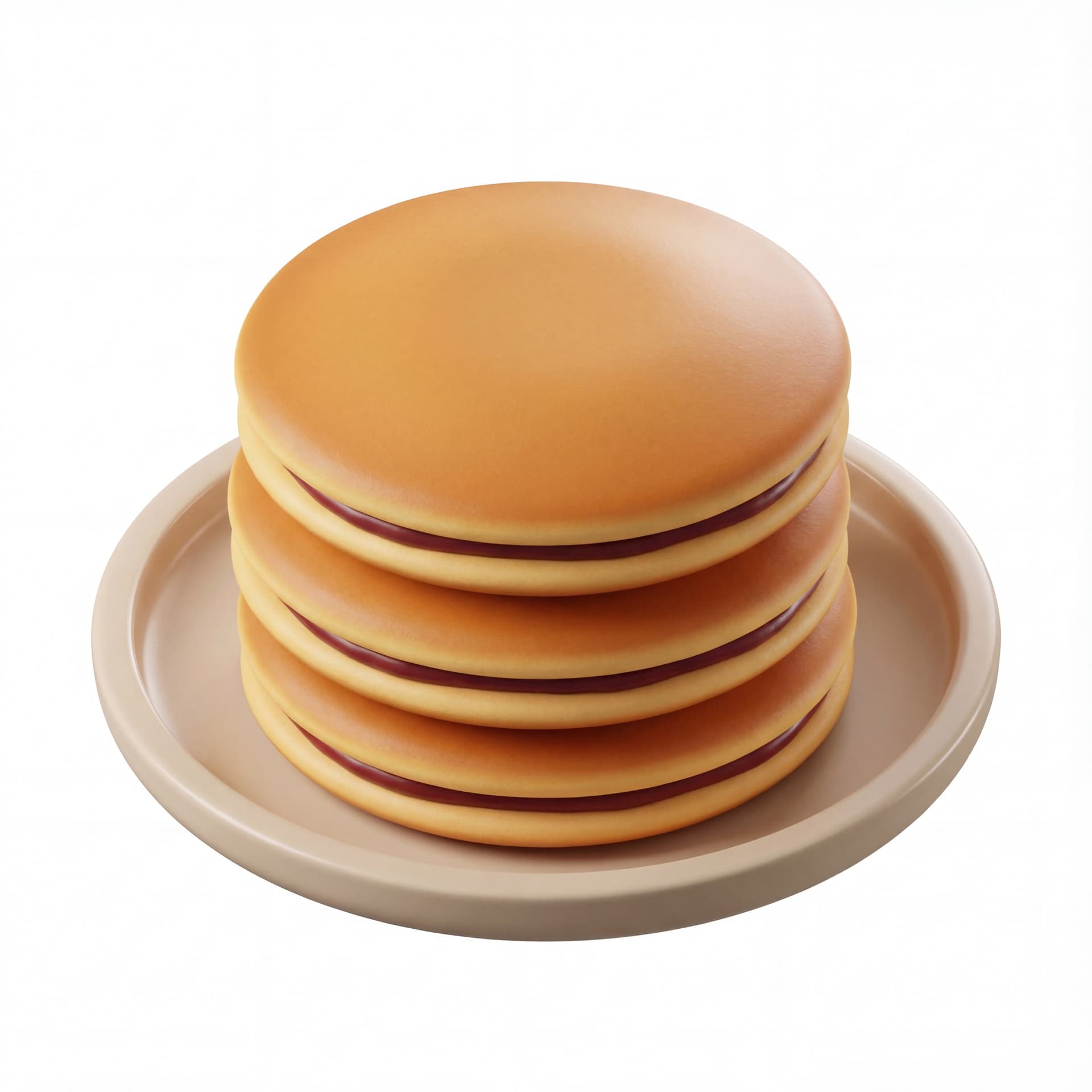 A cartoon dorayaki stacked on a plate, fluffy pancake layers, subtle filling edge, warm golden color.