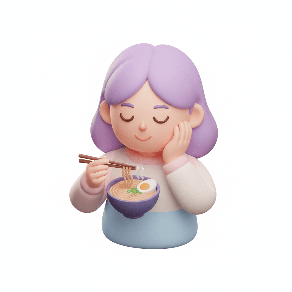 a soft pastel isometric vector icon showing a content girl savoring food with one hand on her cheek