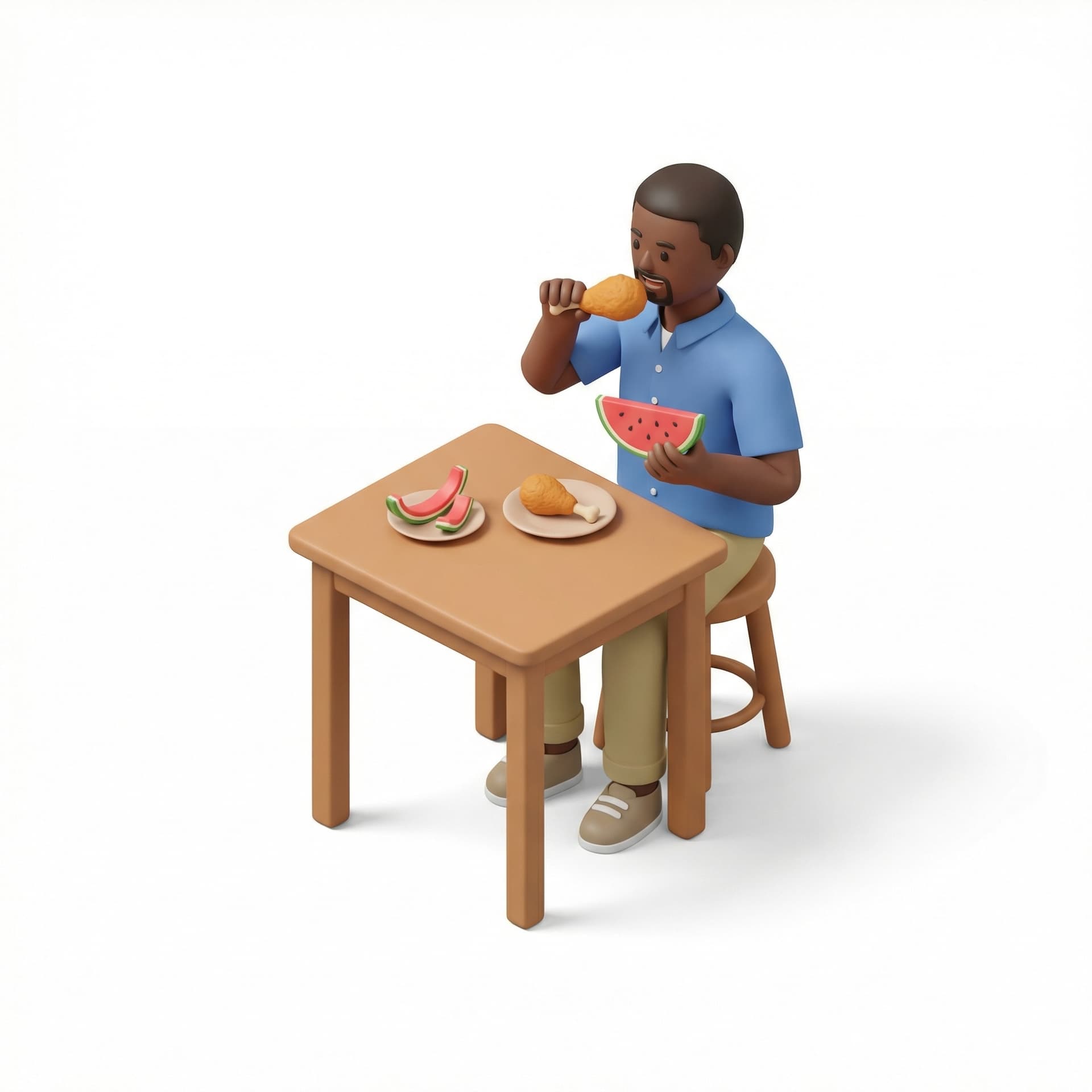 Black guy eating chicken and watermelon