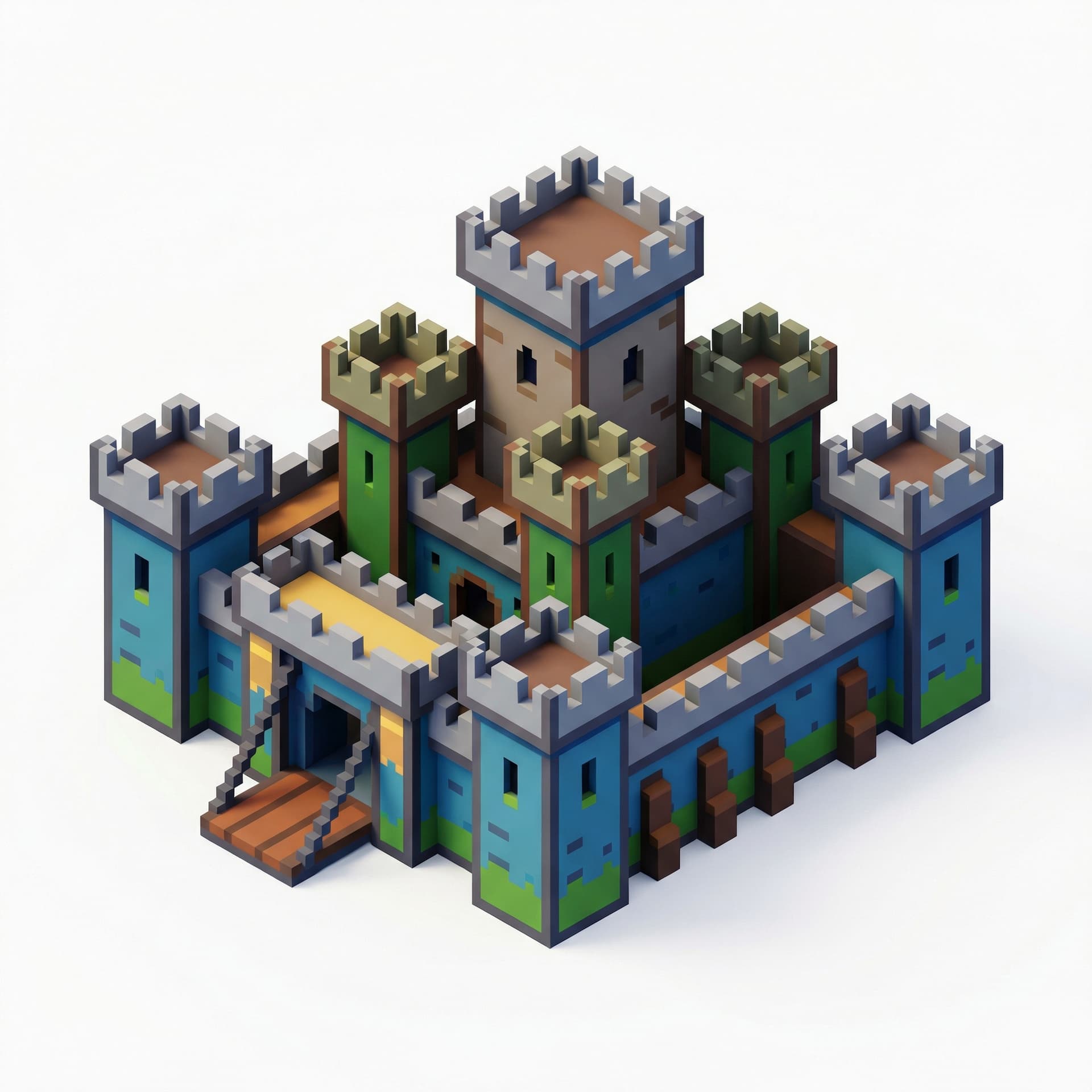 Isometric icon of a medieval castle, pixel art style, 16-bit retro game asset, blocky pixels, vibrant colors, fantasy rpg style, white background.