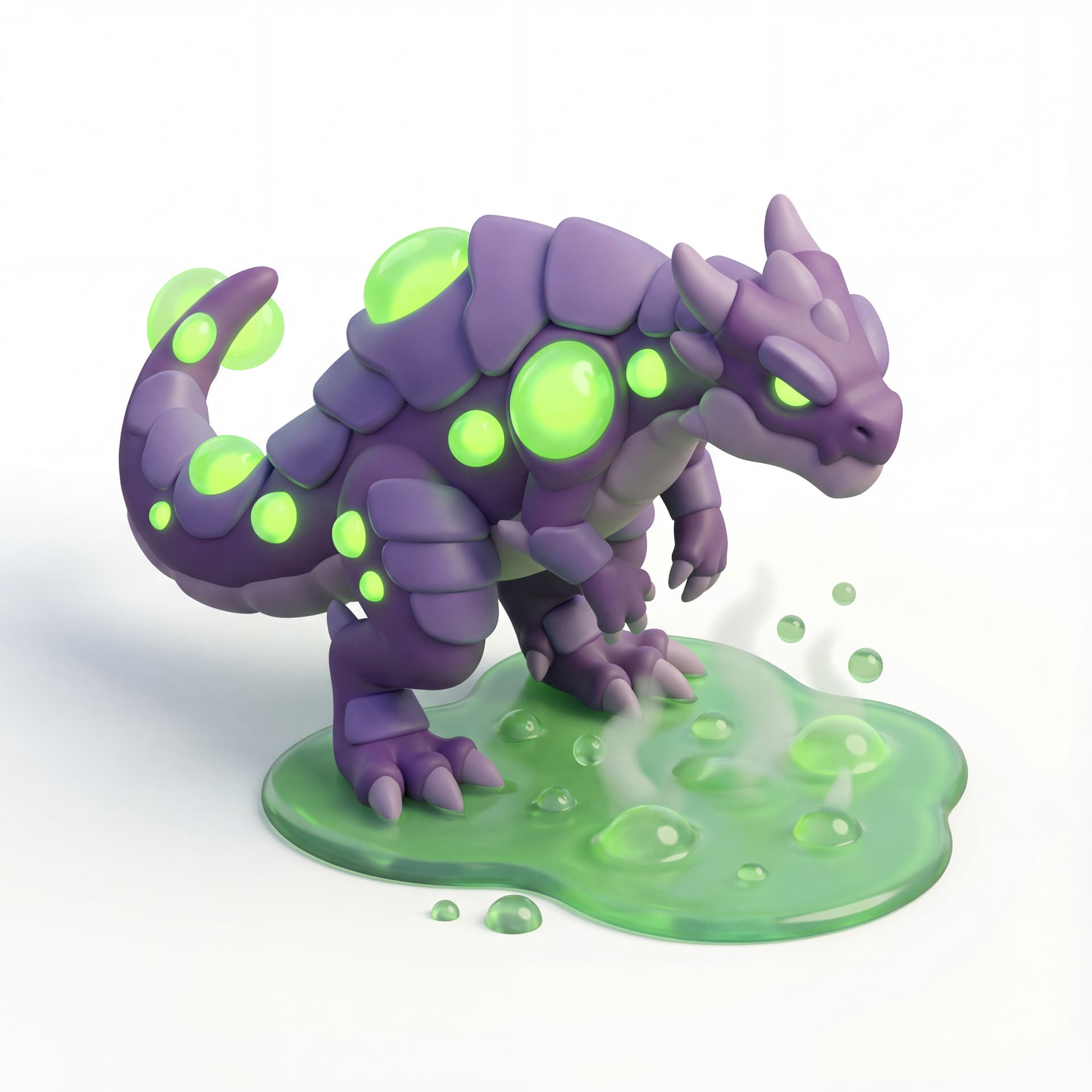 toxic swamp dragon with glowing neon-green sacs, purple plating, and a bubbling puddle under its claws.