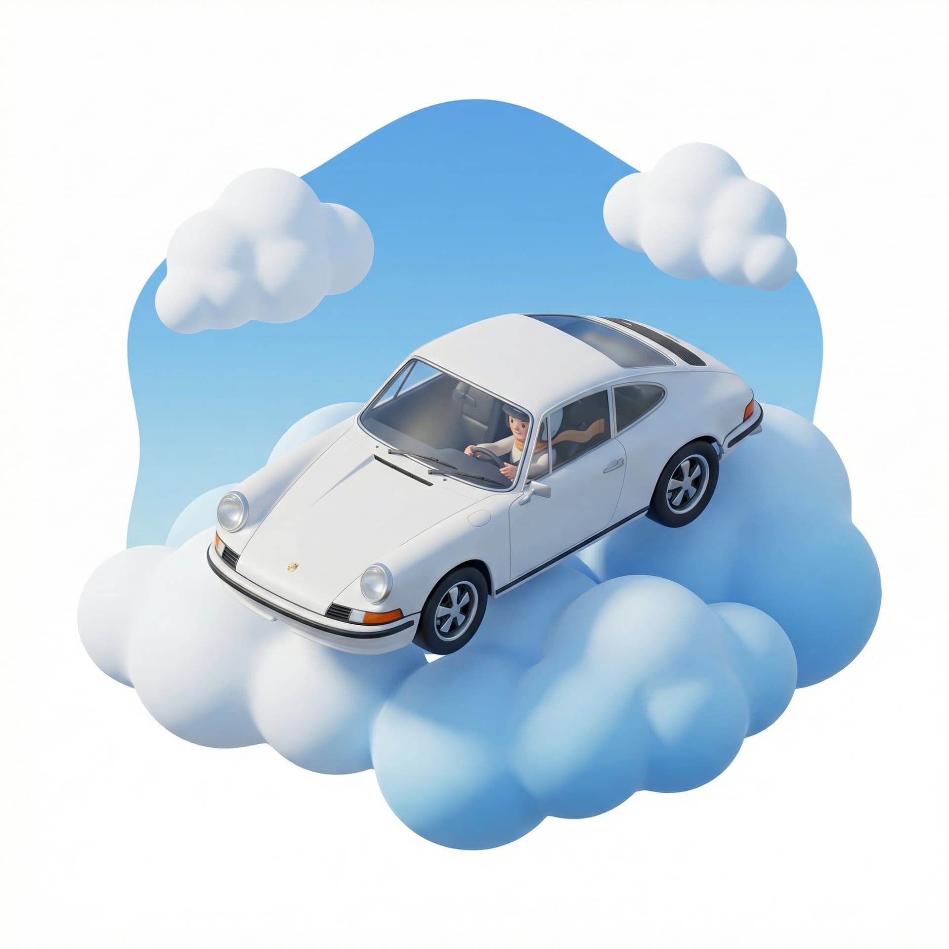 a girl driving a white porsche in the air with sky background 
