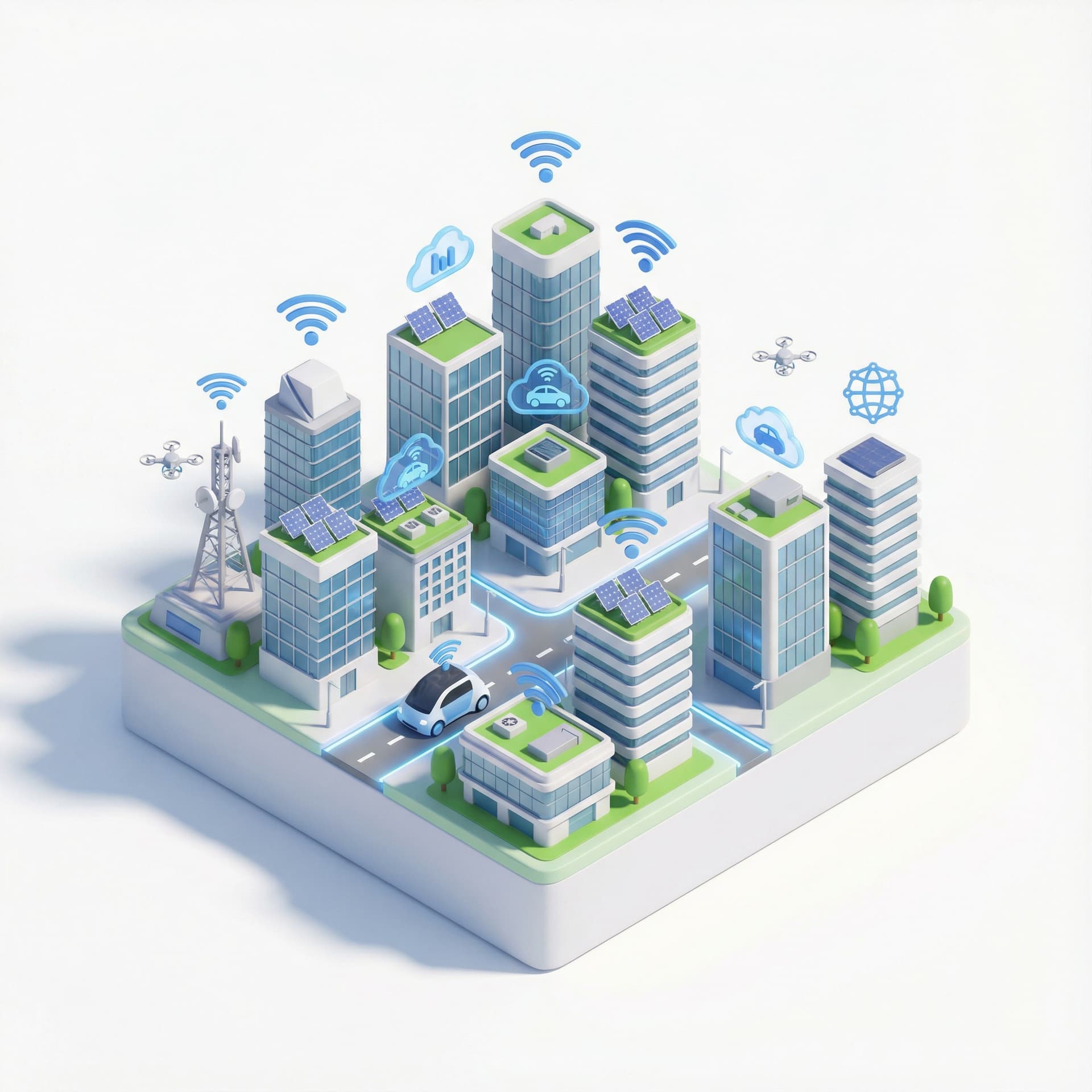 Isometric illustration of a modern smart city with buildings and technology icons, isometric microstock illustration style, innovative and futuristic mood, clean lighting simulation, structured isometric composition, urban technology ambience, bright yet balanced colors, Adobe Stock–ready vector, high clarity, white background