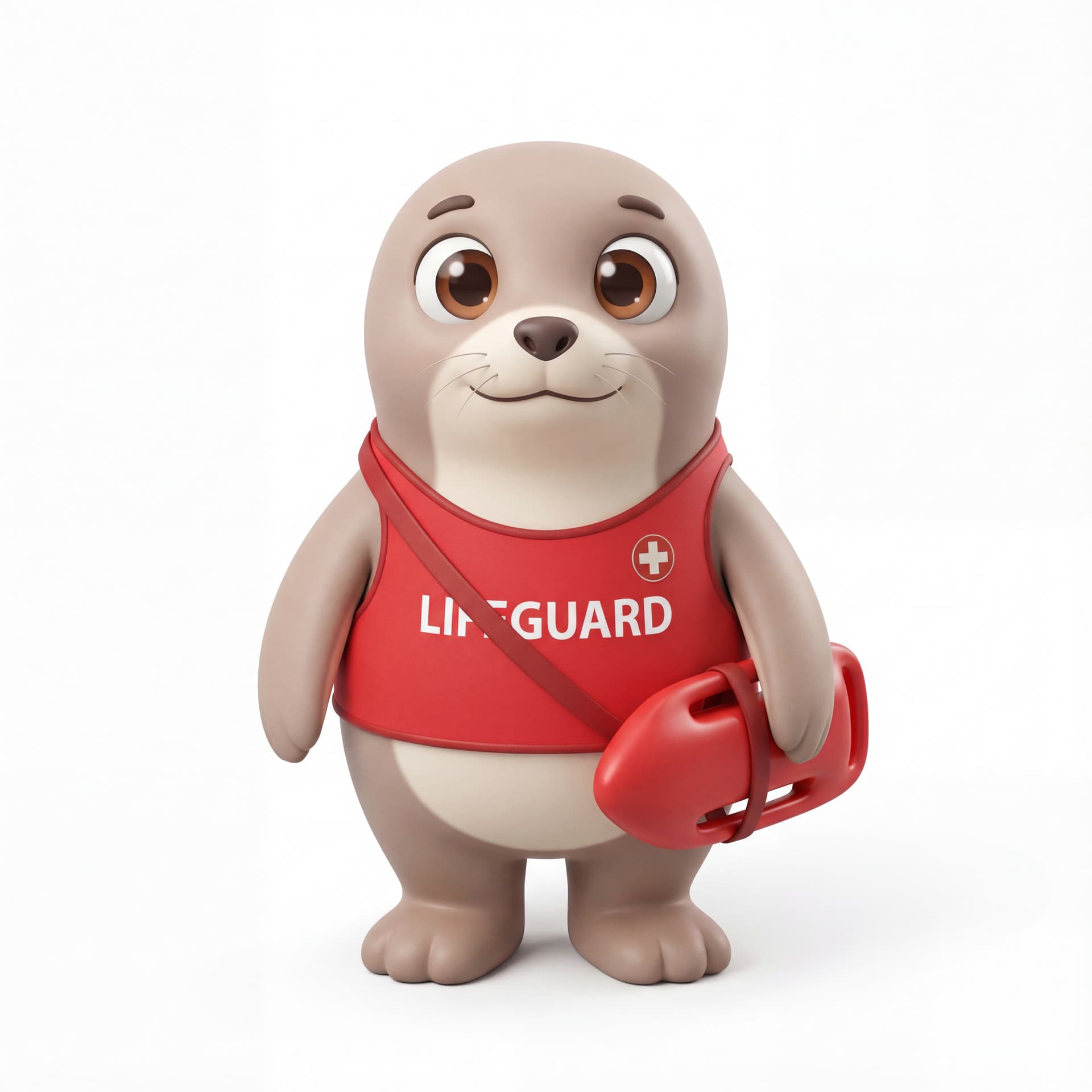 A cute cartoon seal mascot character dressed as a lifeguard, full body, front-facing, rounded proportions, big expressive eyes, soft shading, friendly neutral smile, centered composition, isolated on a white background.