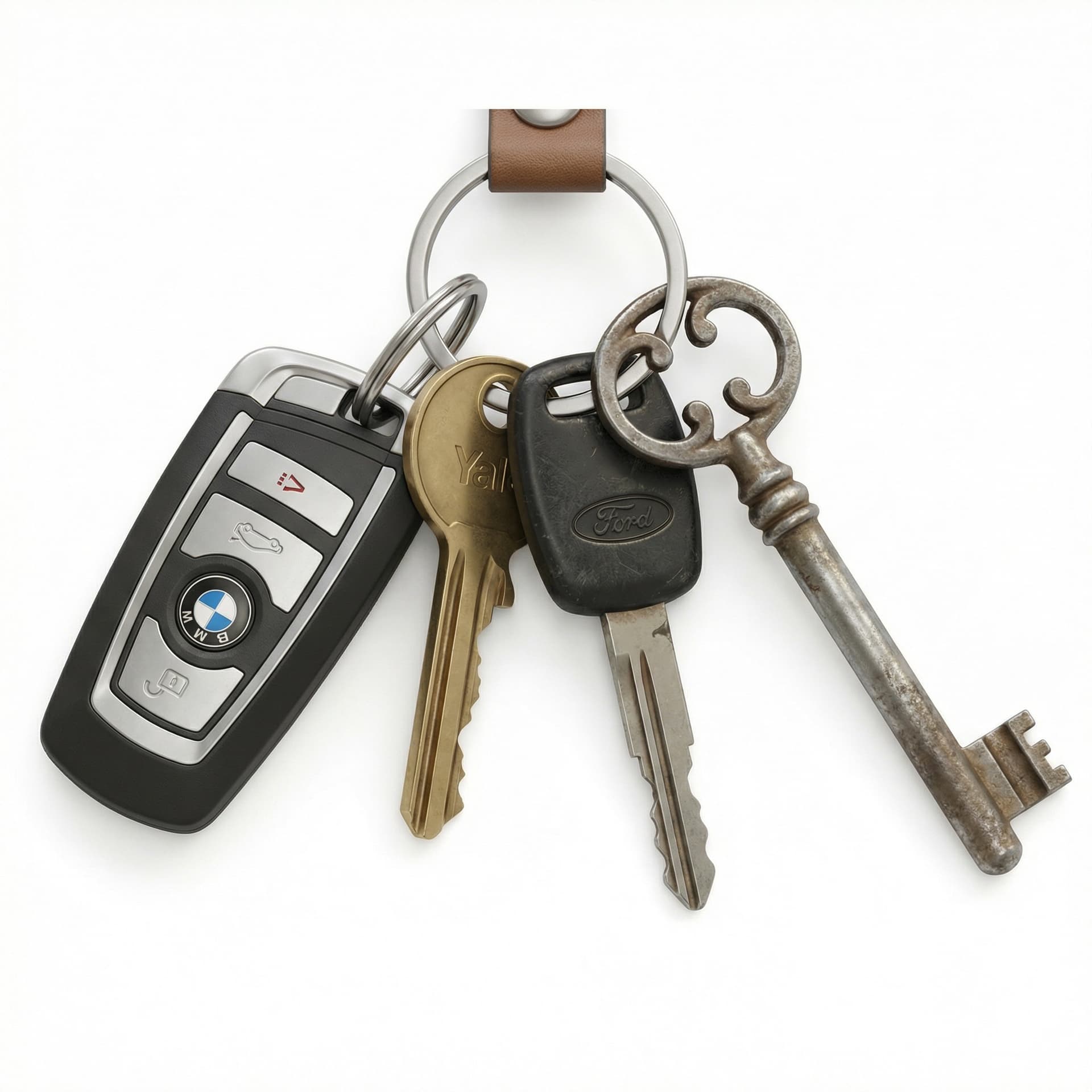 A keychain with a modern car key, a classic house key, a key for an older car, and an older key, for example for a cabin in a fjord.