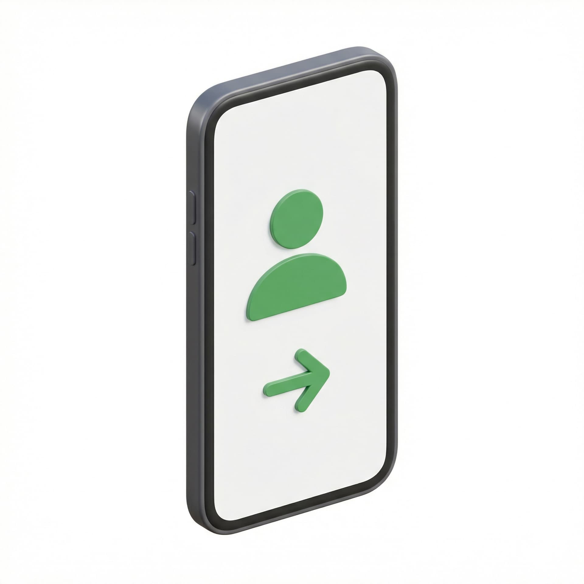 Buatkan handphone dengan tampilan layar berwarna putih, berisi icon user diatas dan icon arrow arah kanan berwarna hijau.