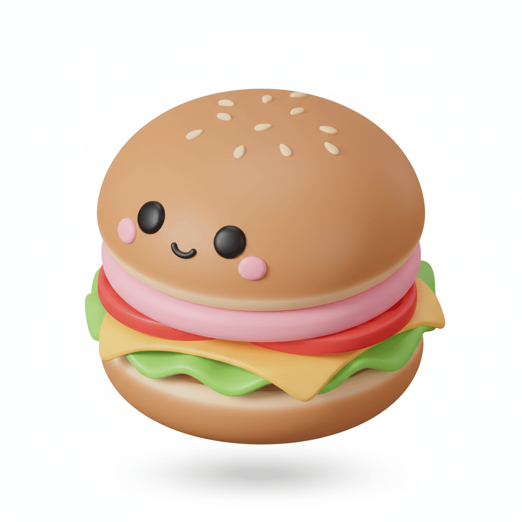 a clean pastel isometric icon of a kawaii burger with blushing cheeks