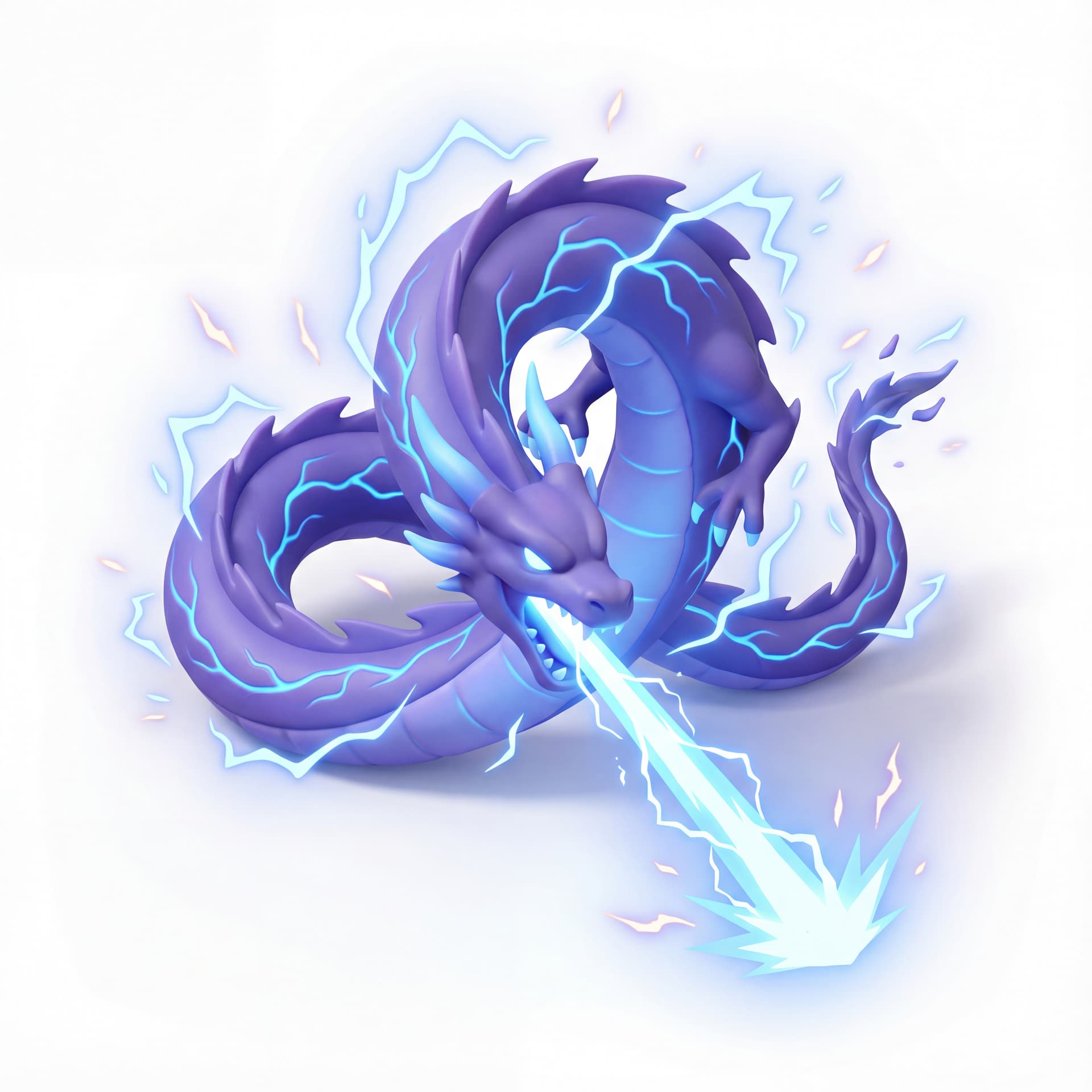 An isometric electric dragon with purple-violet scales and bright electric veins roaring downward while firing a beam, surrounded by electric shockwaves and flickering plasma sparks.