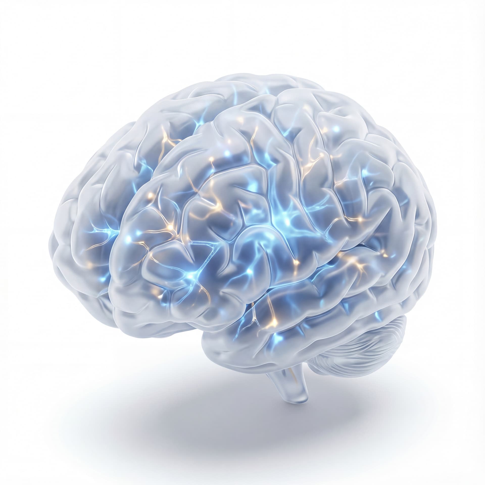 A transparent 3D human brain with softly glowing neural pathways branching throughout, symbolizing cognition and research, isolated on a white background.