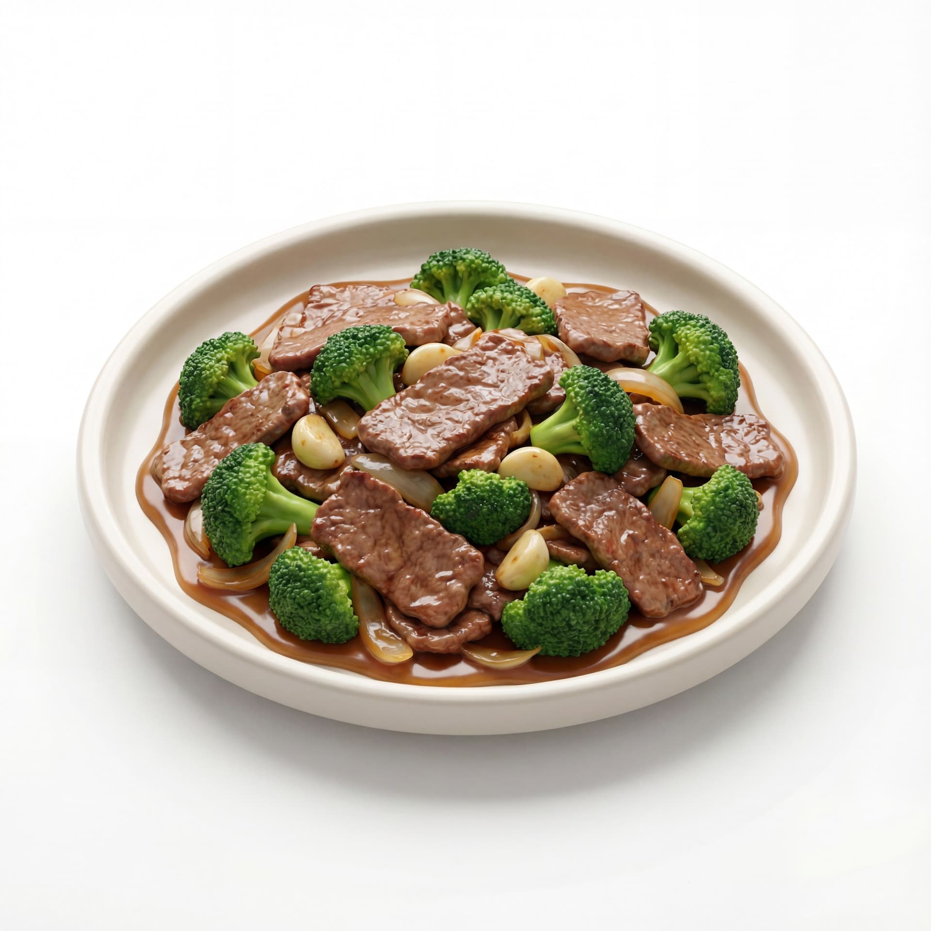 A round plate featuring stir-fried beef slices, broccoli florets, garlic pieces, and glossy brown sauce.