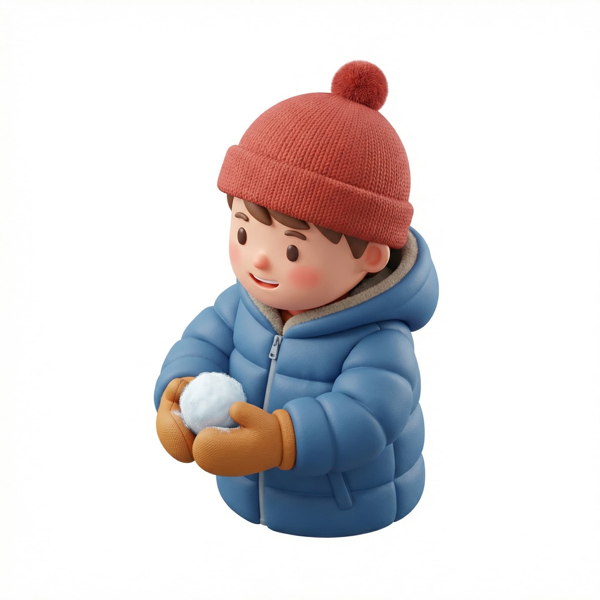 buatlah karakter anak kecil menggunakan pakaian buat bersalju seperti jaket, sarung tangan, dan kupluk. Lalu buatlah karakter seolah memegang salju menggunakan style realistic 3d cartoon