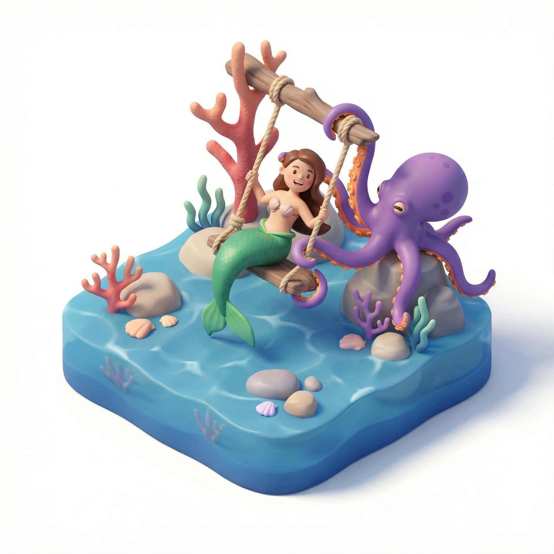Berikan sebuah mermaid yang sedang bermain ayunan di laut bersama seekor gurita