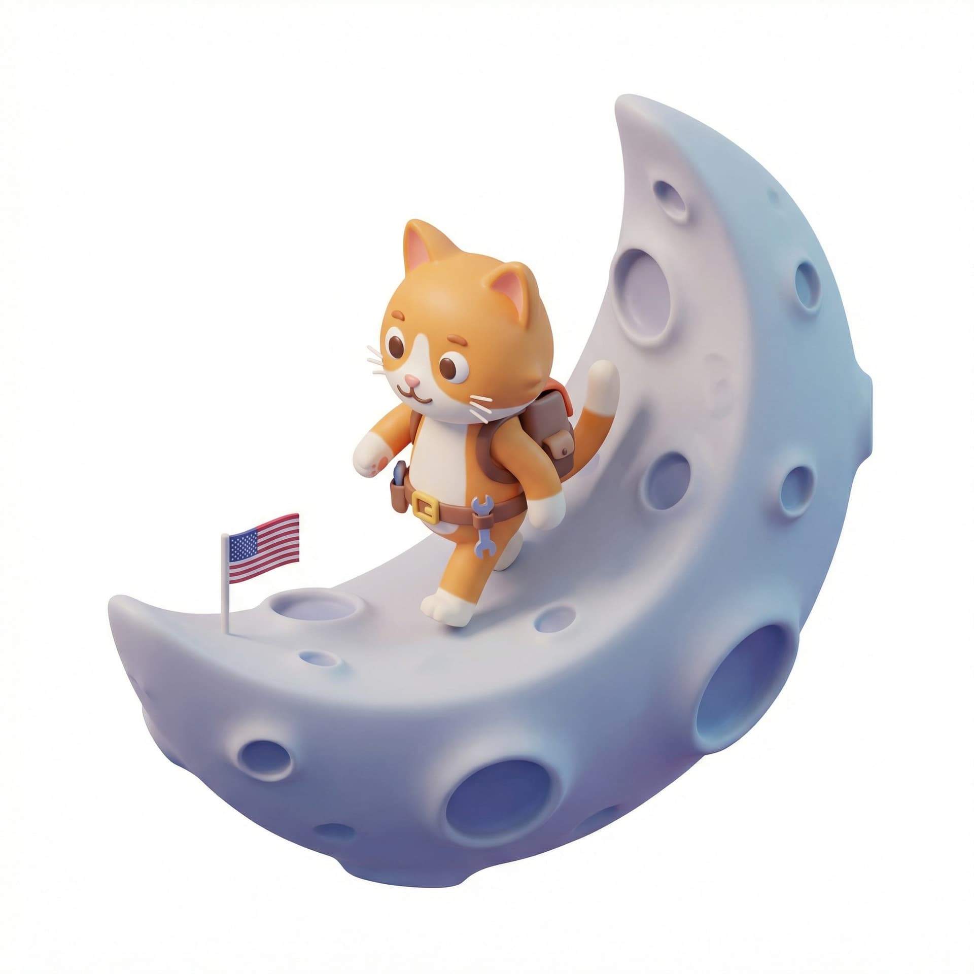 Tolong buatkan motion crafter kucing jalan jalan di atas bulan dengan style kartun 3d