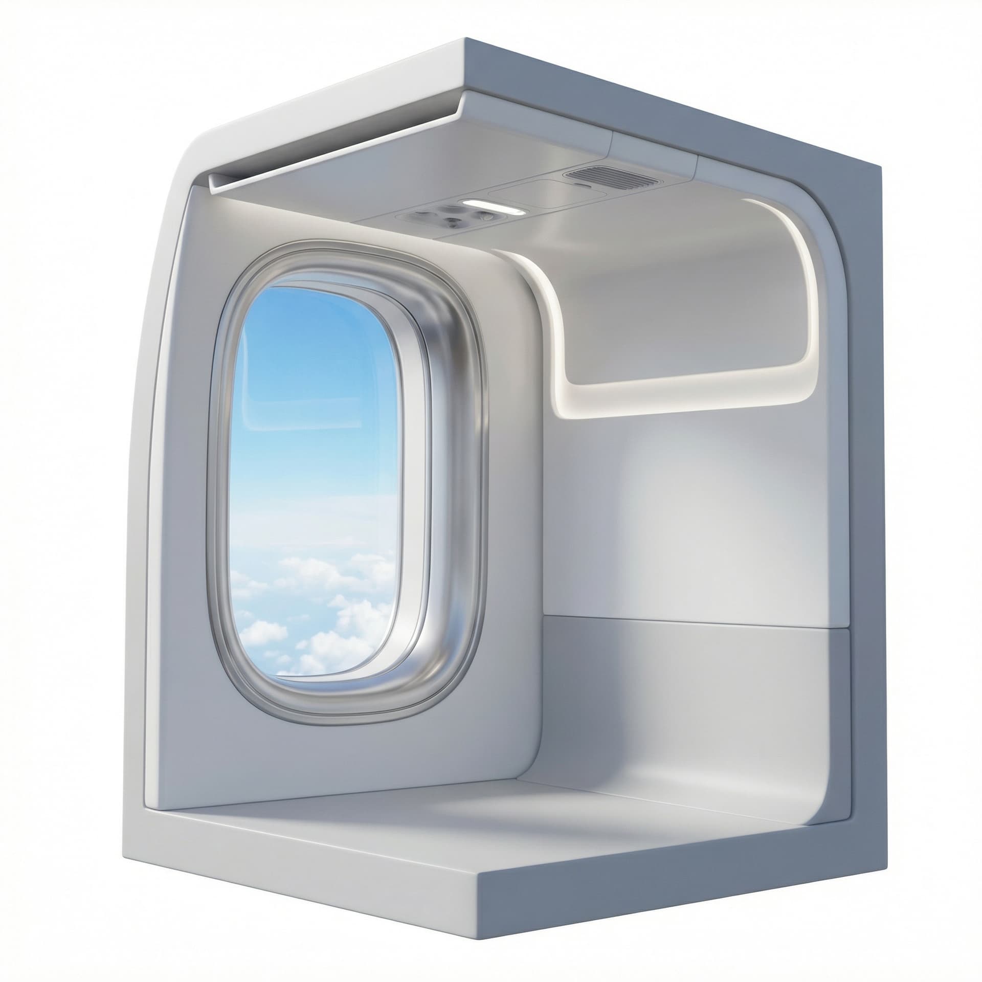 Isometric illustration of a modern airplane cabin wall featuring a large rounded rectangular passenger window, smooth metallic frame with soft reflections, looking out onto a bright blue sky with fluffy white clouds below. Minimalist interior design, clean futuristic aesthetic, subtle gradients and soft lighting, realistic depth and perspective in isometric view, high detail, smooth edges, calm atmosphere, no passengers, centered composition, professional vector-style rendering, ultra crisp.