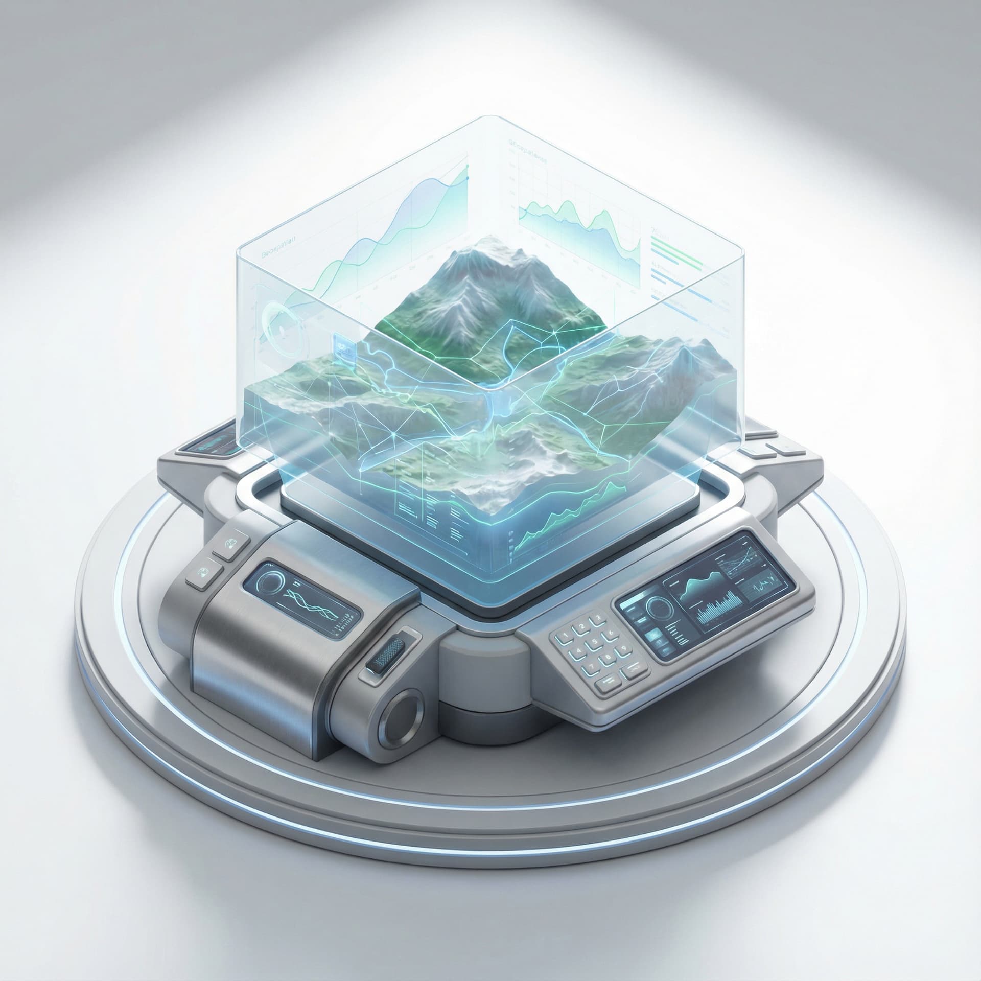 futuristic geospatial dashboard, 3D terrain map, AI data visualization, holographic UI