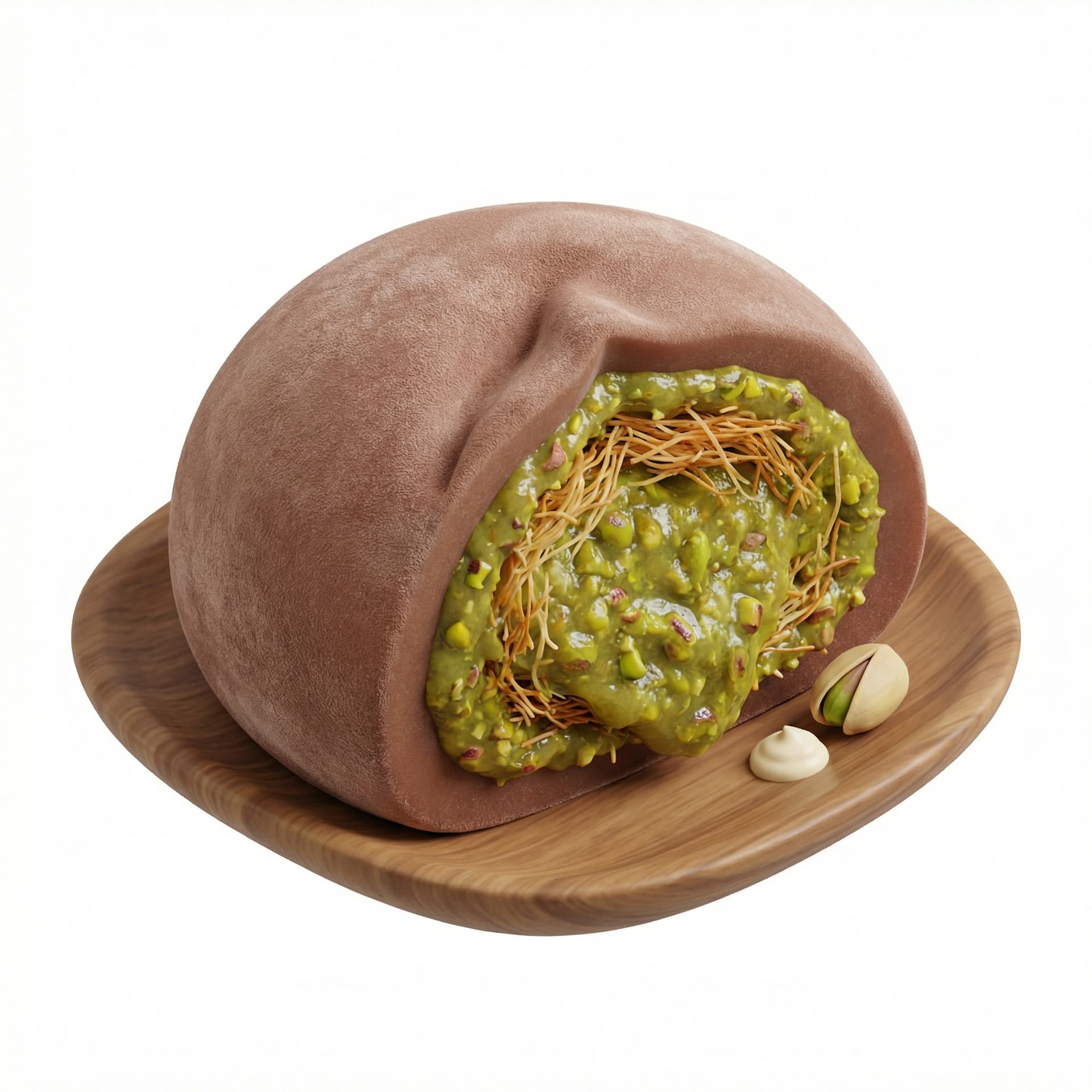 a chocolate mochi wrapping with a pistachio kunafa filling, 3d chibi style