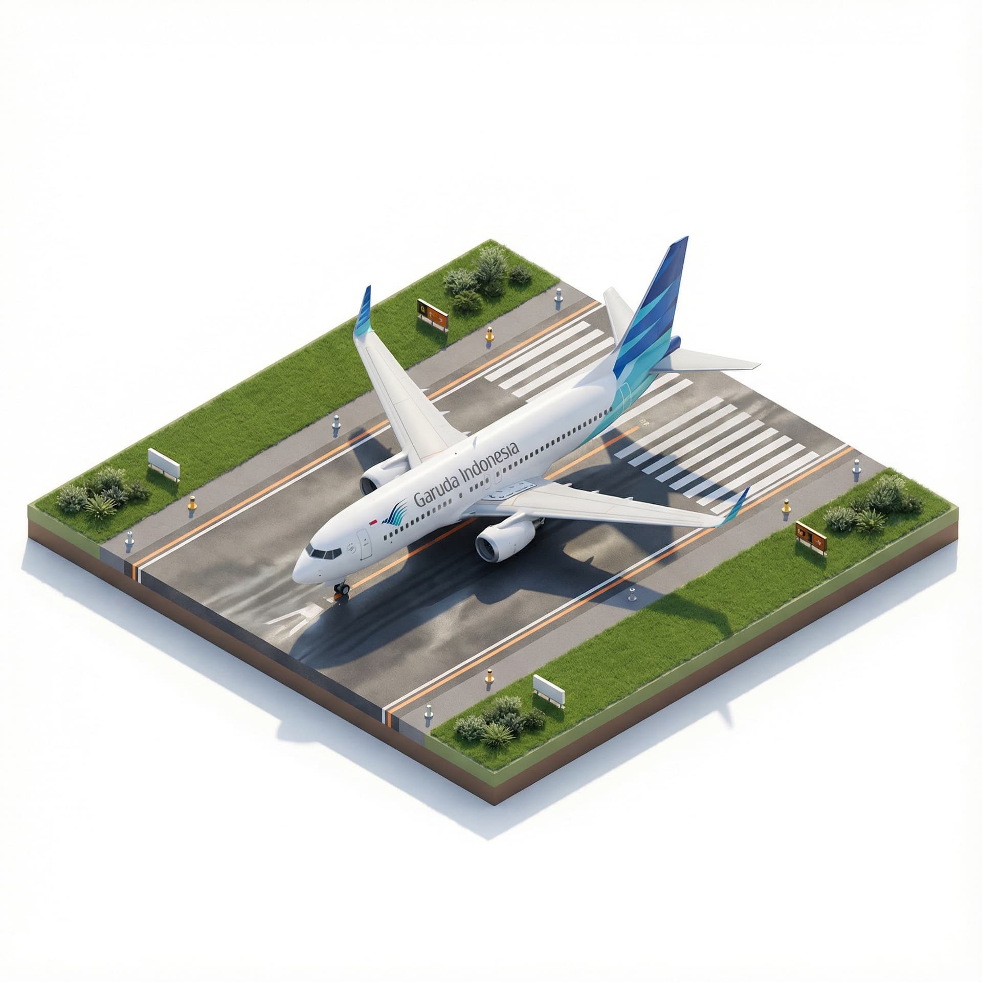 Generate a high-quality 3D isometric diorama at 45° angle featuring a modern twin-engine narrow-body airplane. Use garuda indonesia style colour. Place it on a runway + taxiway transition zone with crisp paint lines, textured asphalt, and subtle ambient reflections. Build the miniature scene on a raised diorama platform with neatly cut grass, low shrubs, and clean airport-edge details.