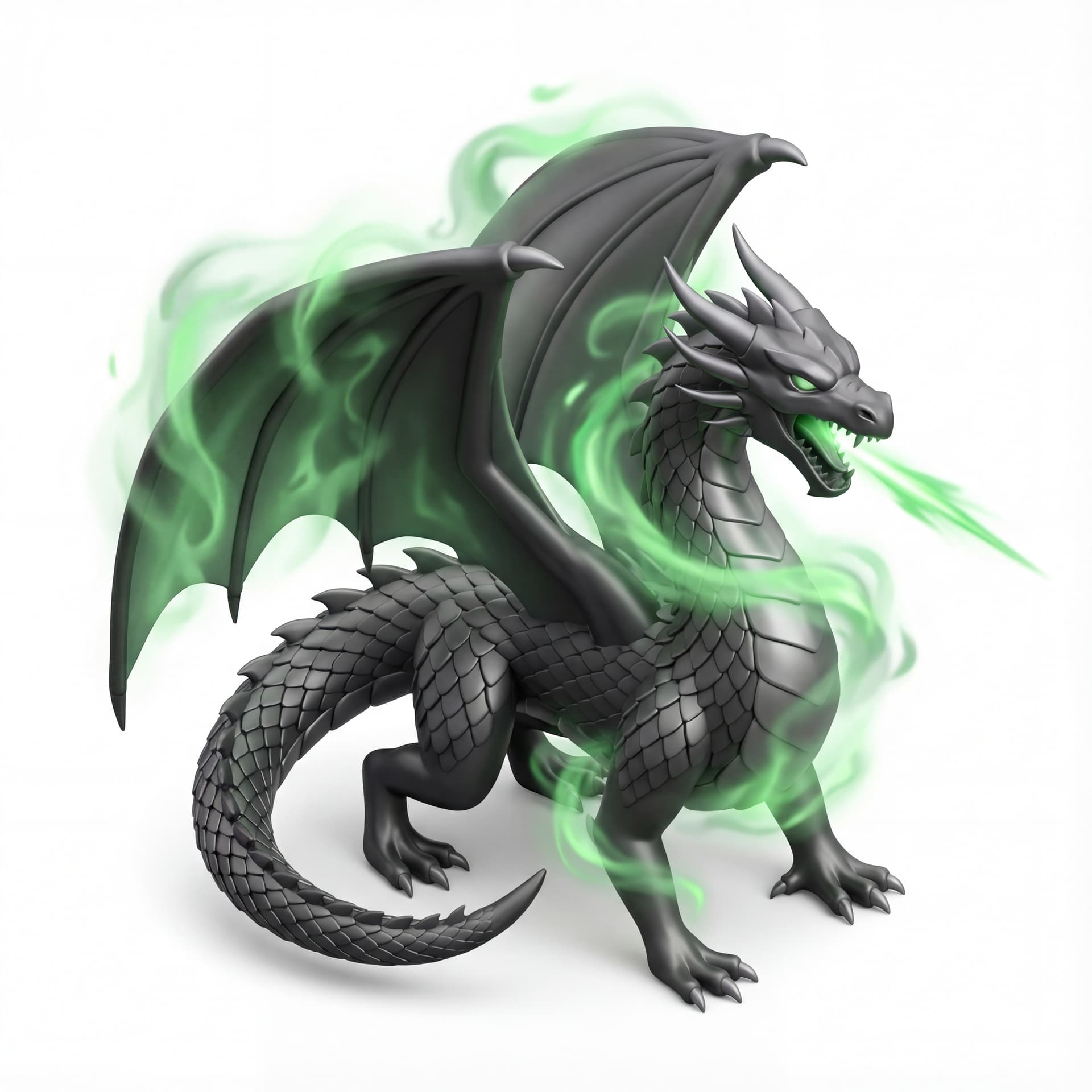 An isometric dragon with black metal-looking scales roaring aggressively, shooting a beam while green energy mist swirls tightly around its wings and neck.