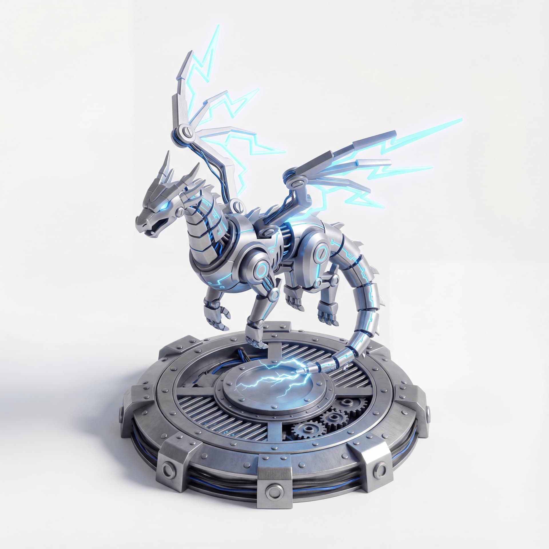 A 3D isometric electric dragon hovering above a metallic platform, lightning-shaped fins glowing neon blue.