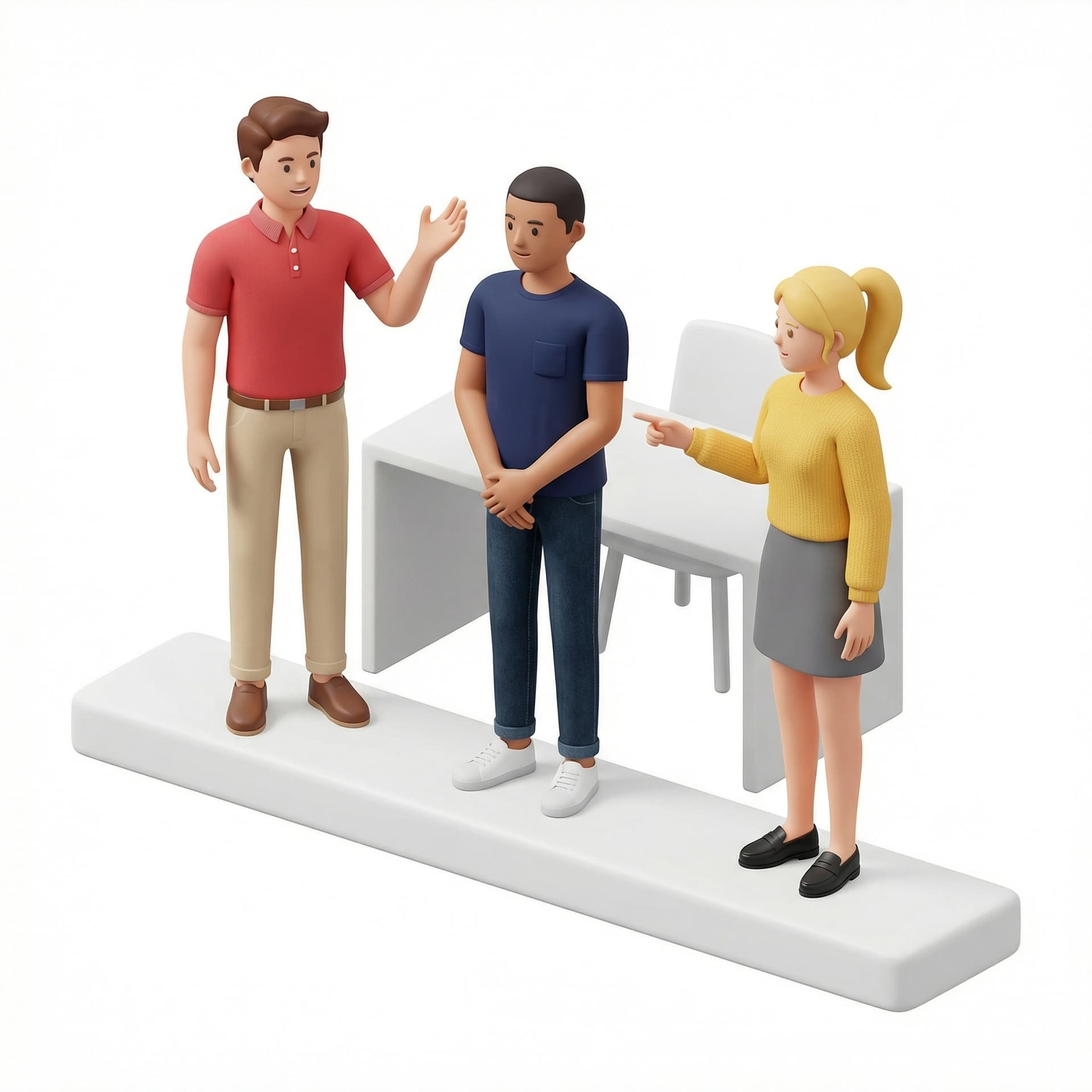 A clean white minimalist workspace in a flat vector illustration style. Three professional characters stand behind a horizontal bar. On the left, a man wearing a red polo shirt gestures confidently with his hand. In the center, a man wearing a navy blue shirt stands attentively. On the right, a woman wearing a yellow sweater points toward the center. The characters are engaged in a professional discussion. 2d output