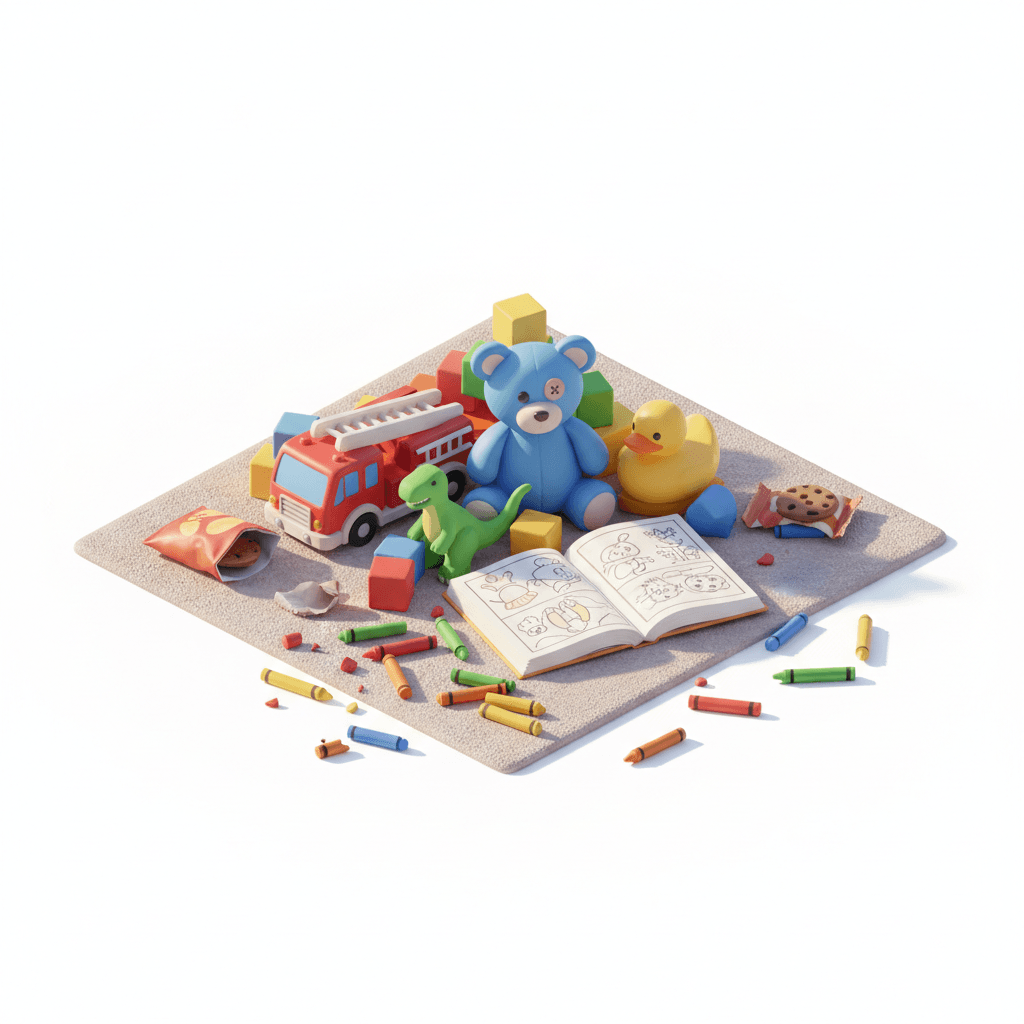 pile of random toys on floor, crayons scattered, coloring book half opened, snack wrappers nearby, soft warm home lighting, lifestyle minimal chaos aesthetic