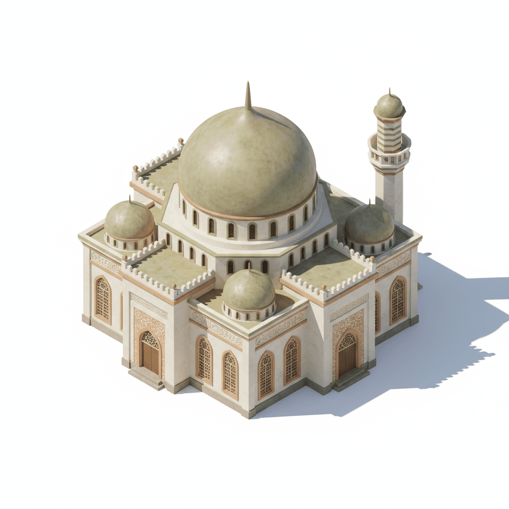 The Muhammadi Mosque in Kelantan — a traditional Islamic mosque featuring multiple domes, arched windows, and classic Middle Eastern architectural ornaments.