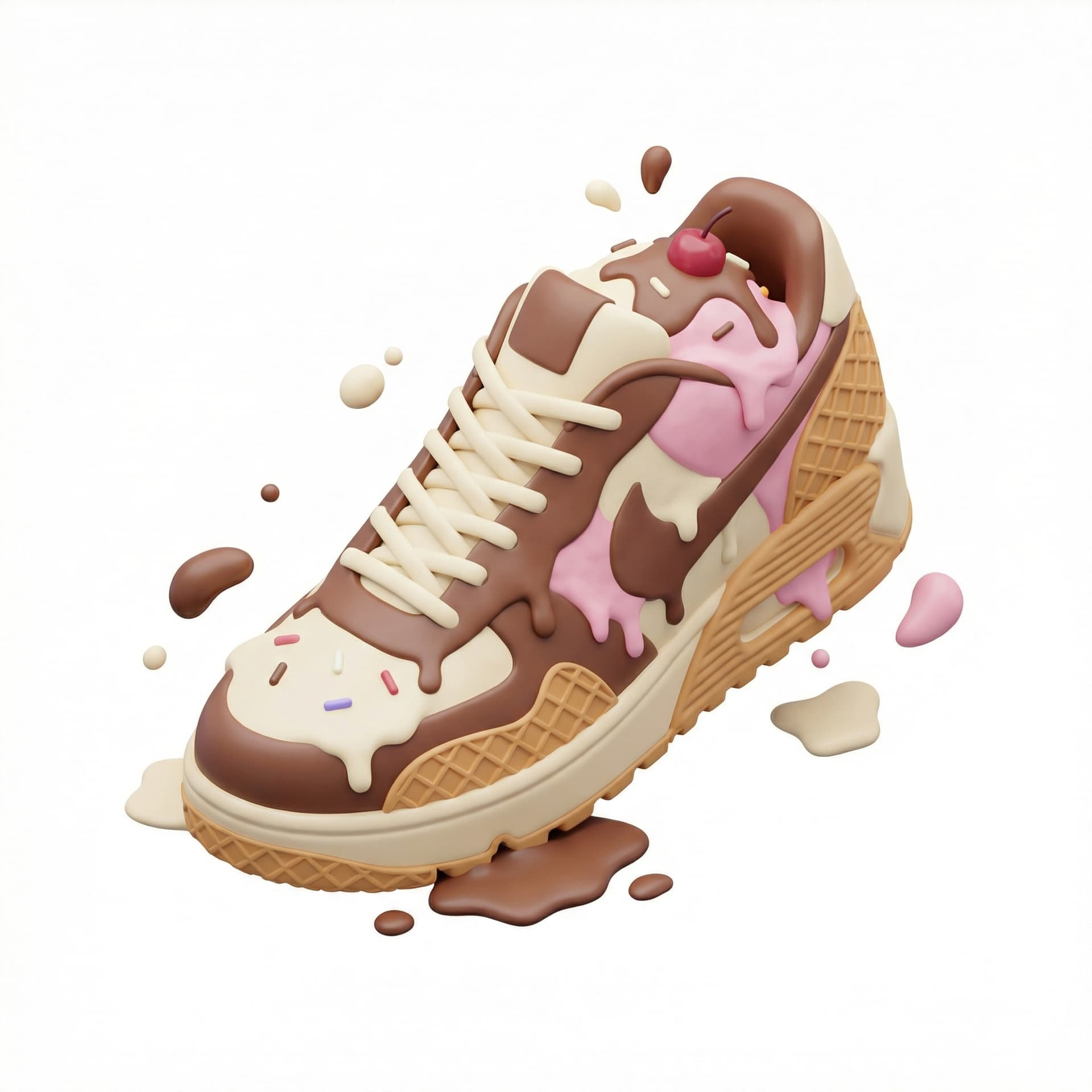 A sneaker made of melting ice cream floating in the air
