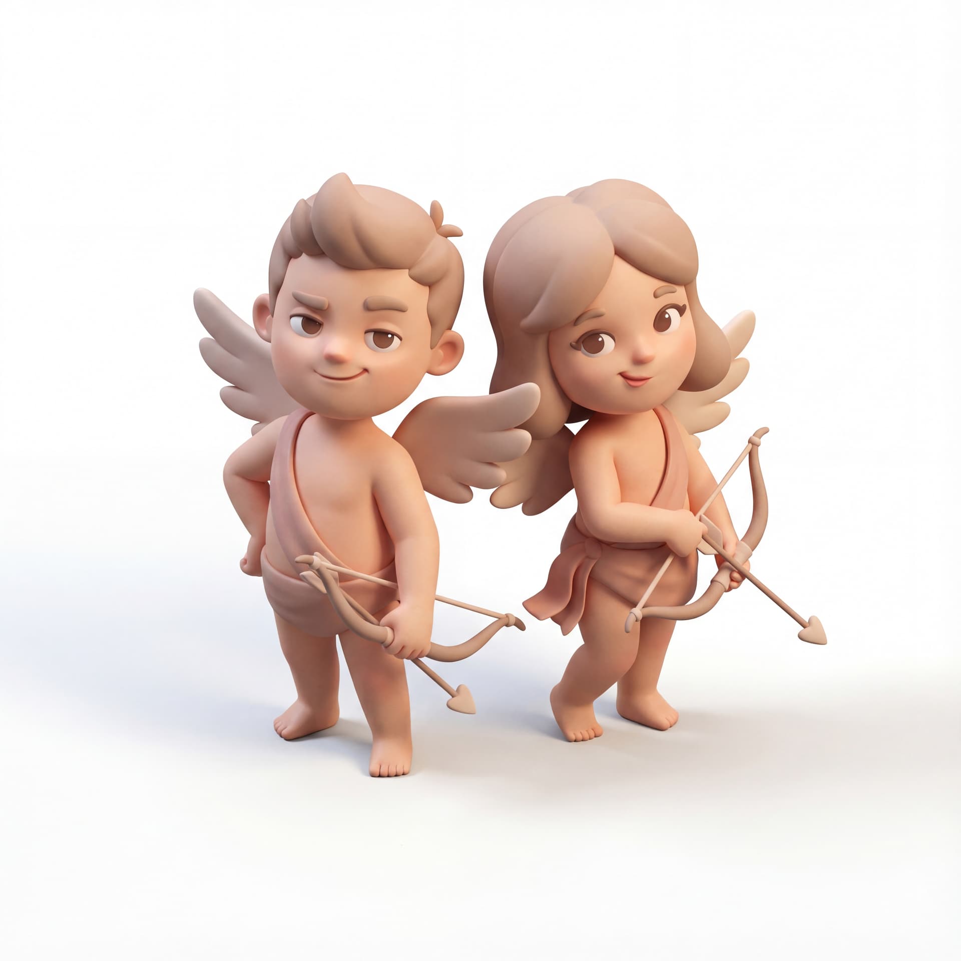 A full-body portrait of a cute couple of Cupid characters standing back to back, each holding a bow at rest, confident playful expressions, wings slightly angled outward, isolated on a white background.
