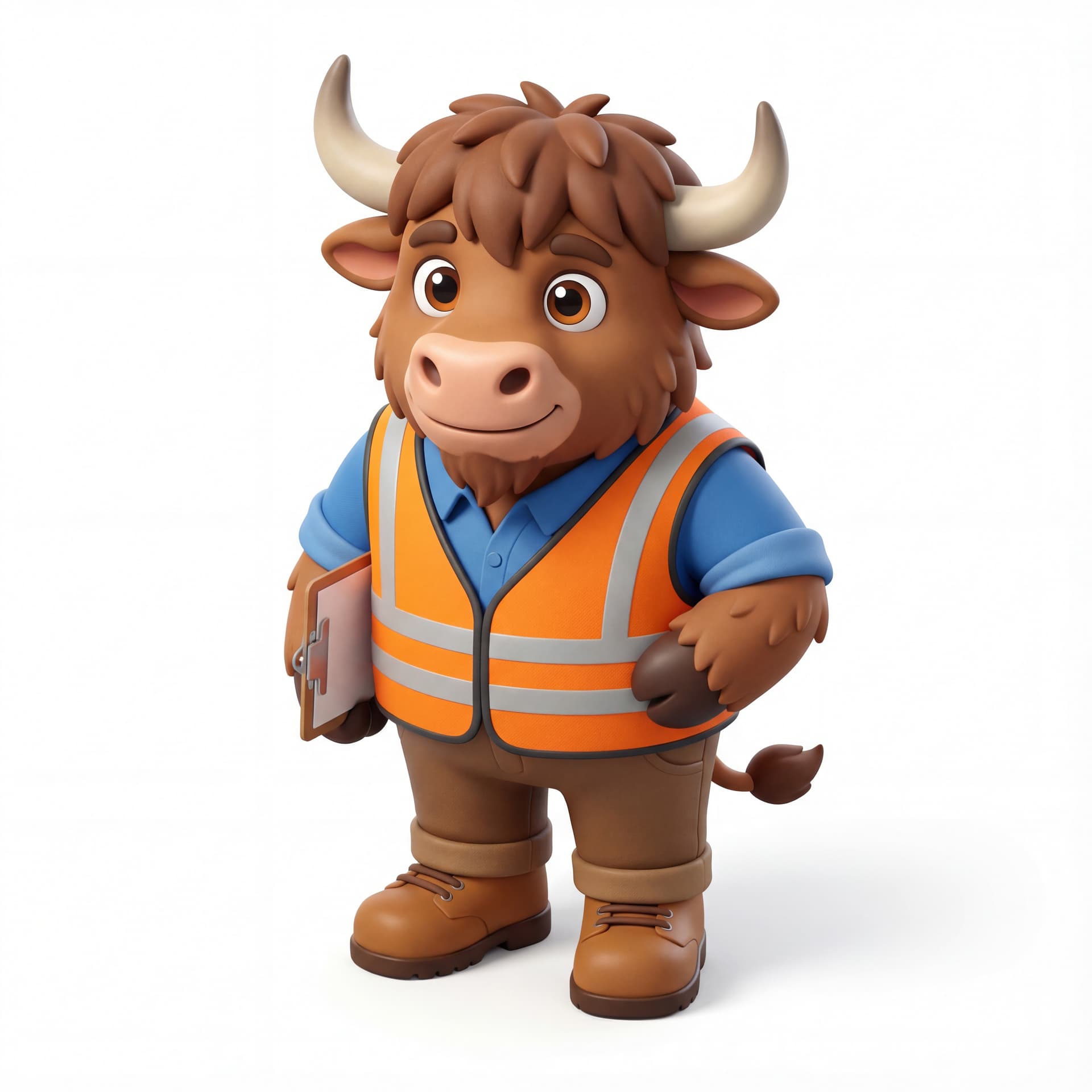 A cute cartoon yak mascot character dressed as a warehouse supervisor, wearing a safety vest and work boots, full body, front-facing, rounded proportions, big expressive eyes, soft shading, reliable steady smile, centered composition, isolated on a white background.