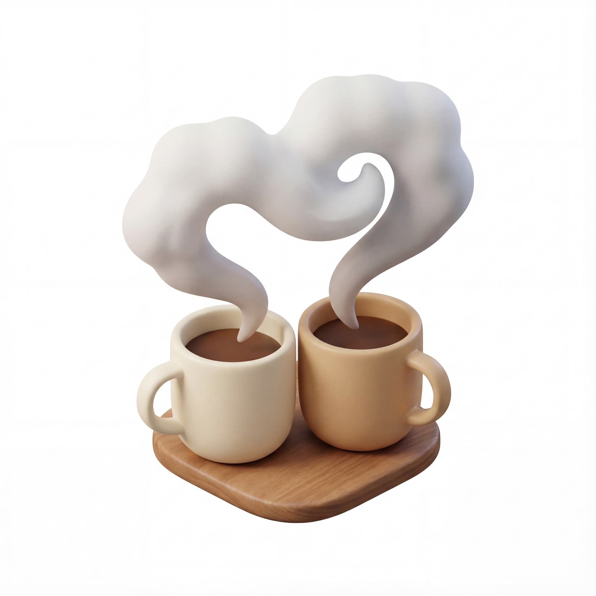 Two coffee cups placed close together, steam from both cups merging into a single abstract shape, soft volumetric steam, clean 3D composition, isolated on a white background.