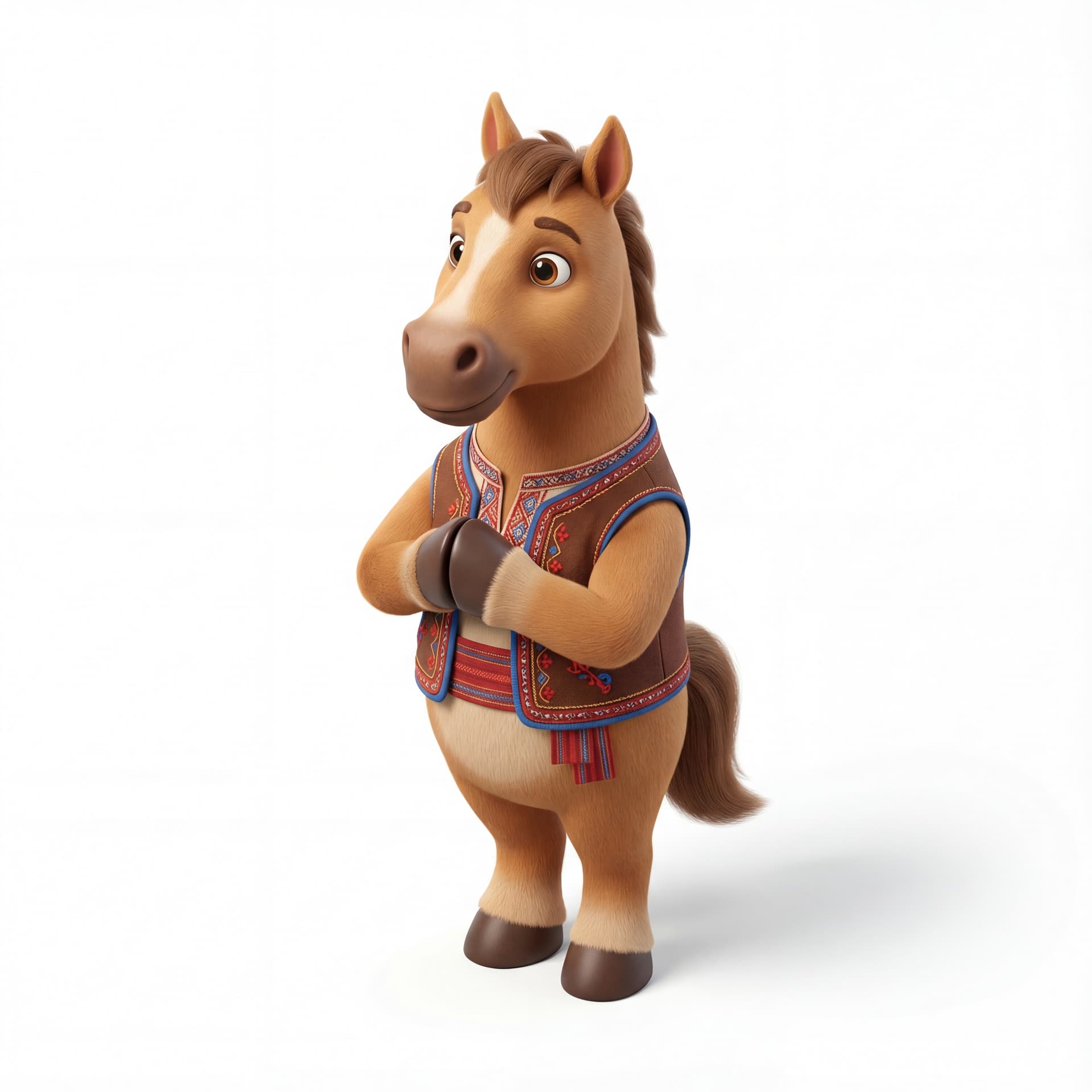 A cute cartoon horse mascot wearing a traditional-style vest, standing politely with hands together, full body, front-facing, isolated on a white background.