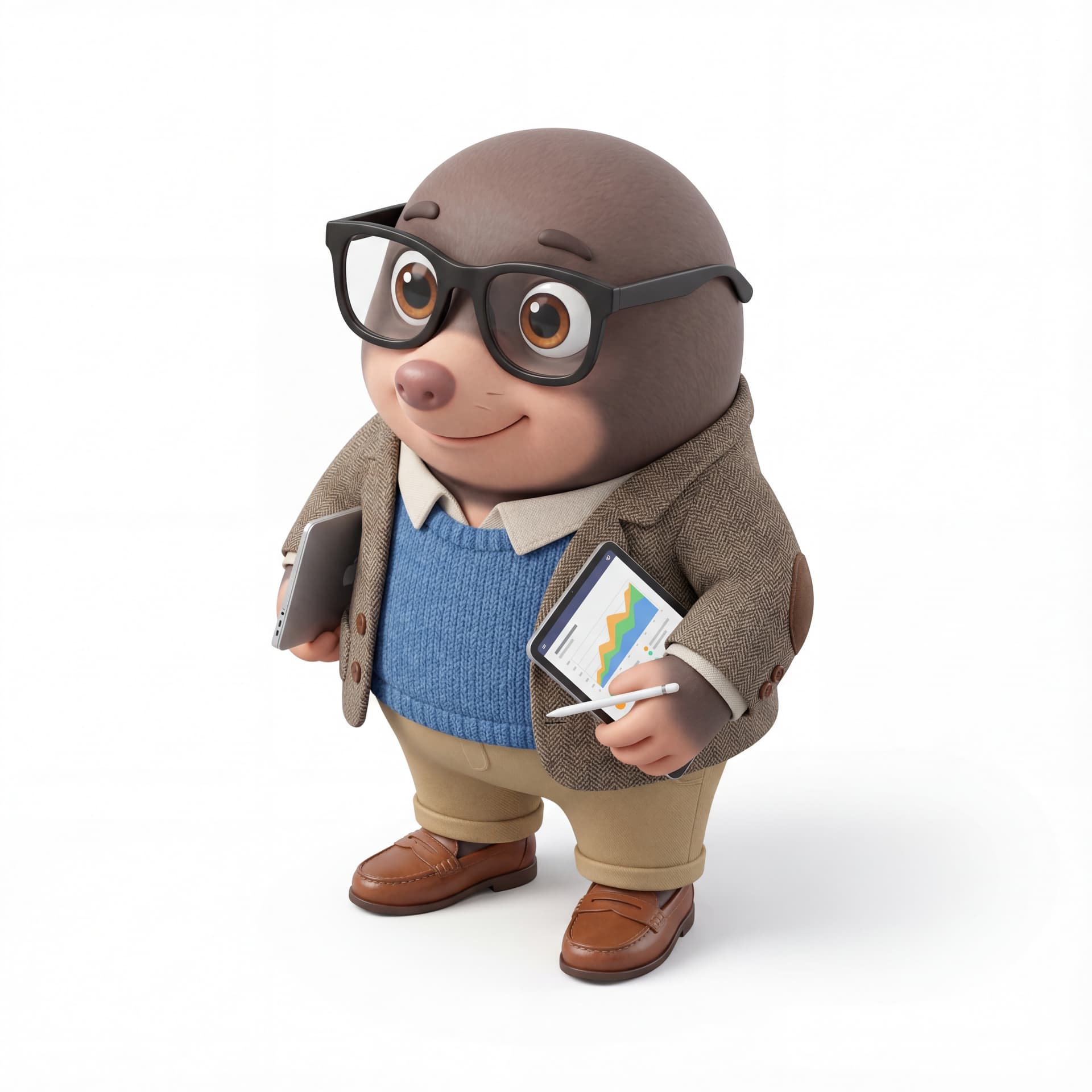 A cute cartoon mole mascot character dressed as a data analyst, wearing smart casual clothing and glasses, full body, front-facing, rounded proportions, big expressive eyes, soft shading, thoughtful confident smile, centered composition, isolated on a white background.