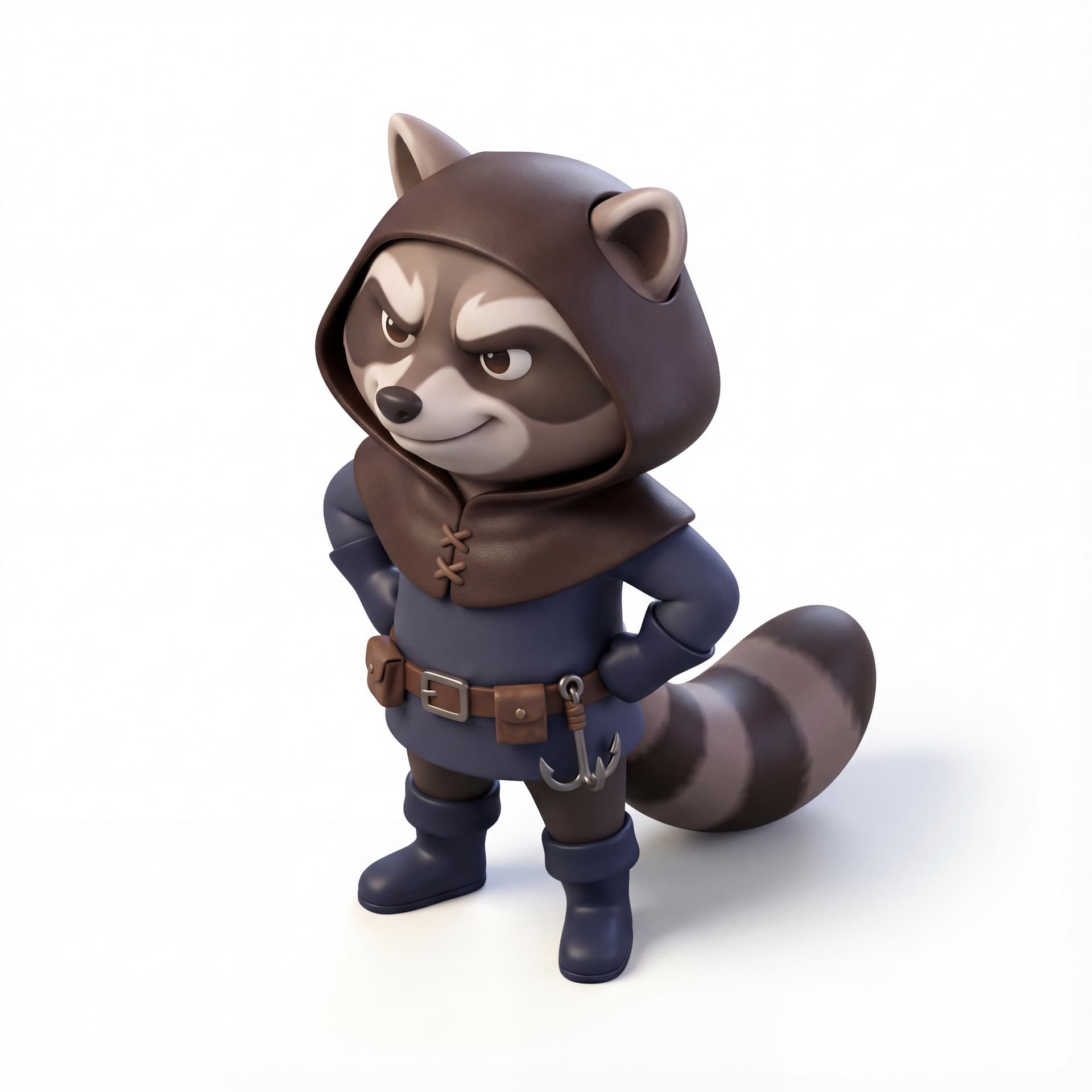 A 3D cartoon raccoon rogue character standing with hands on hips, small utility belt, mischievous expression, isolated character.
