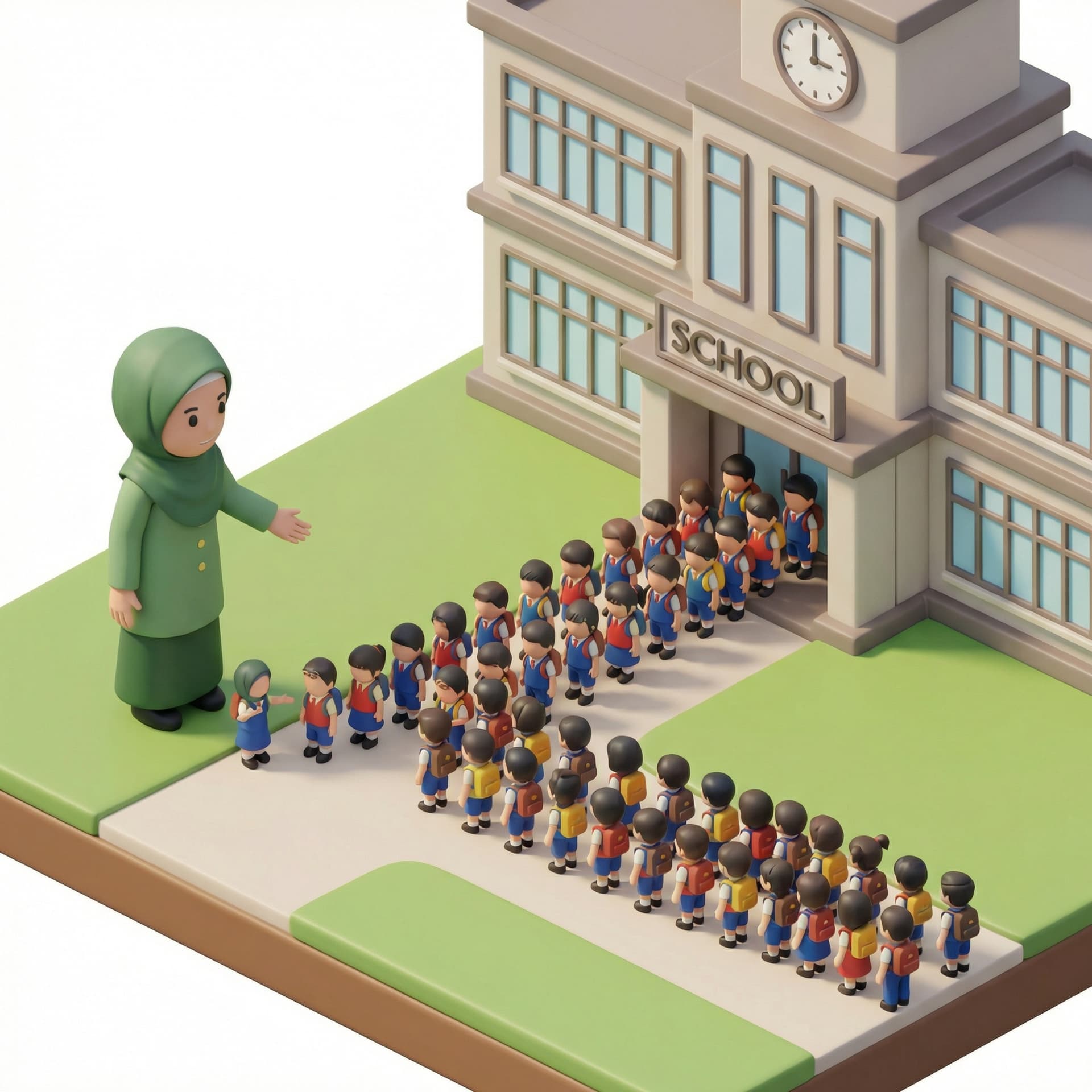 a mother with green school hijab uniform having 74 kids going into the school