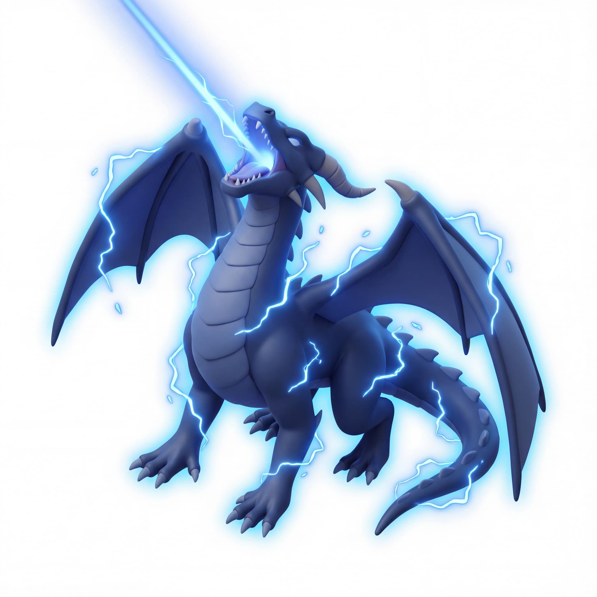 An isometric dragon with dark blue scales roaring upward while releasing a beam, wrapped in a blue electric glow with small lightning arcs floating around its body.