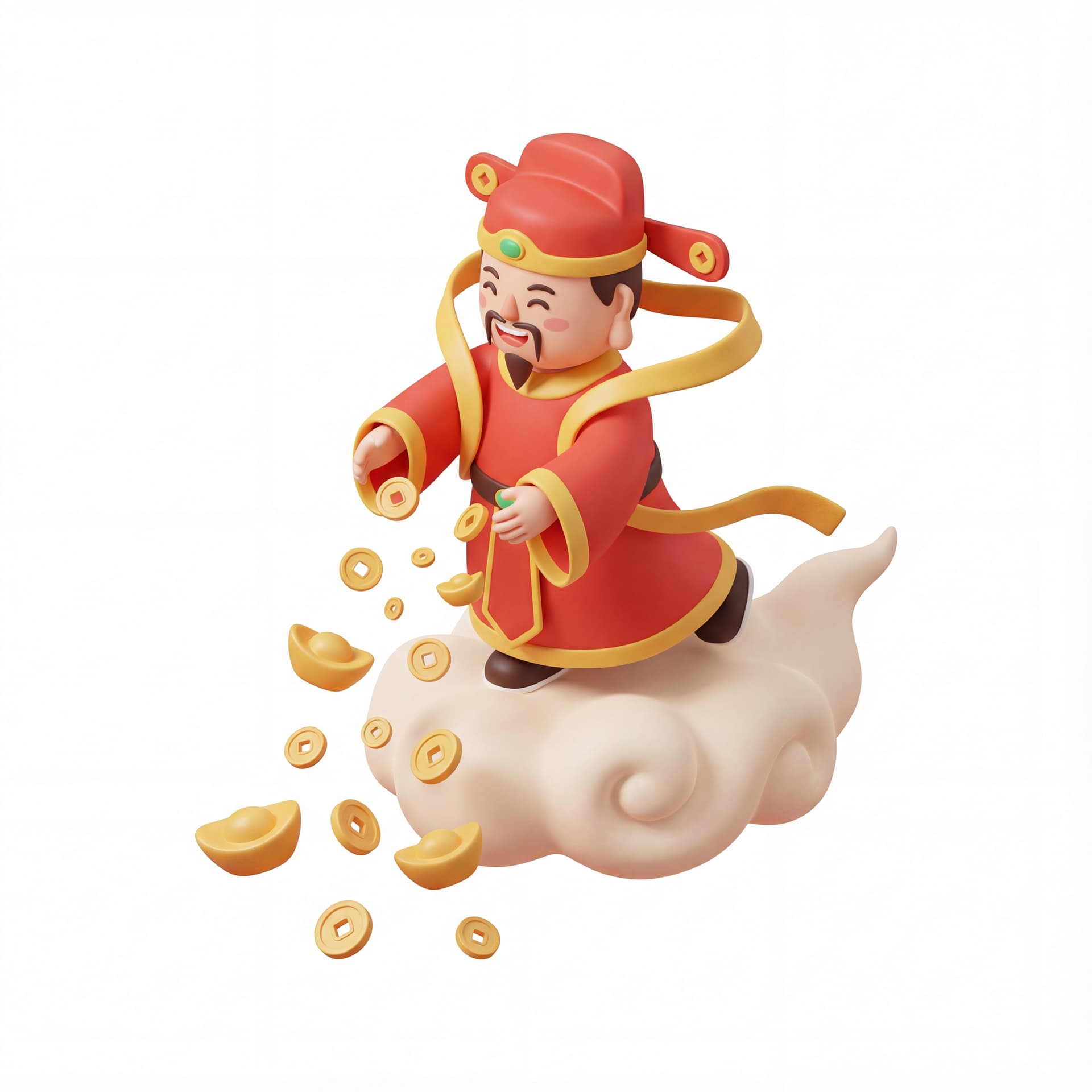 A full-body portrait of a cute God of Wealth riding on a cloud while scattering wealth tokens downward, playful dynamic pose, simplified flowing garments, isolated on a white background.