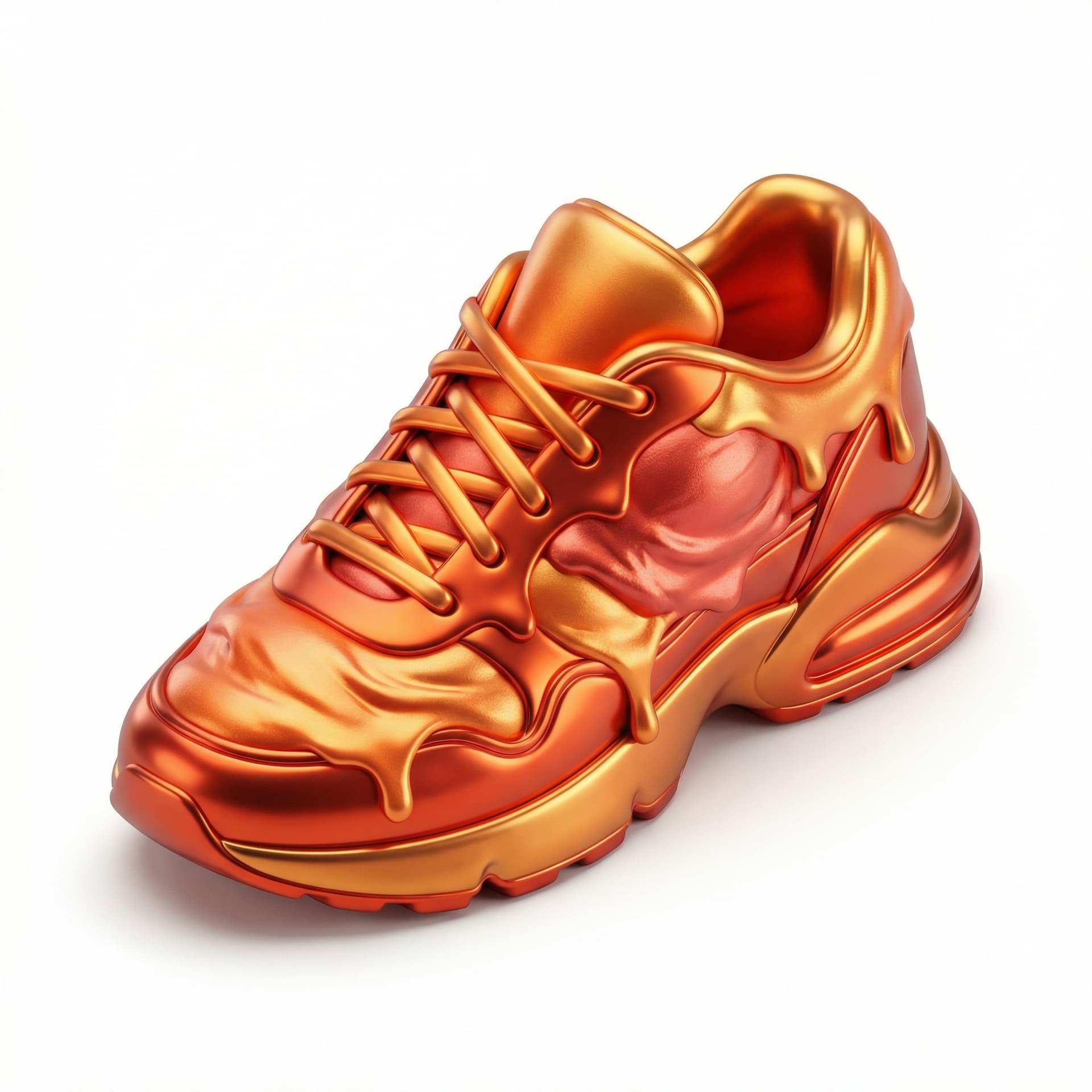 A Sneaker made of melting ice cream, mettalic style, fire color
