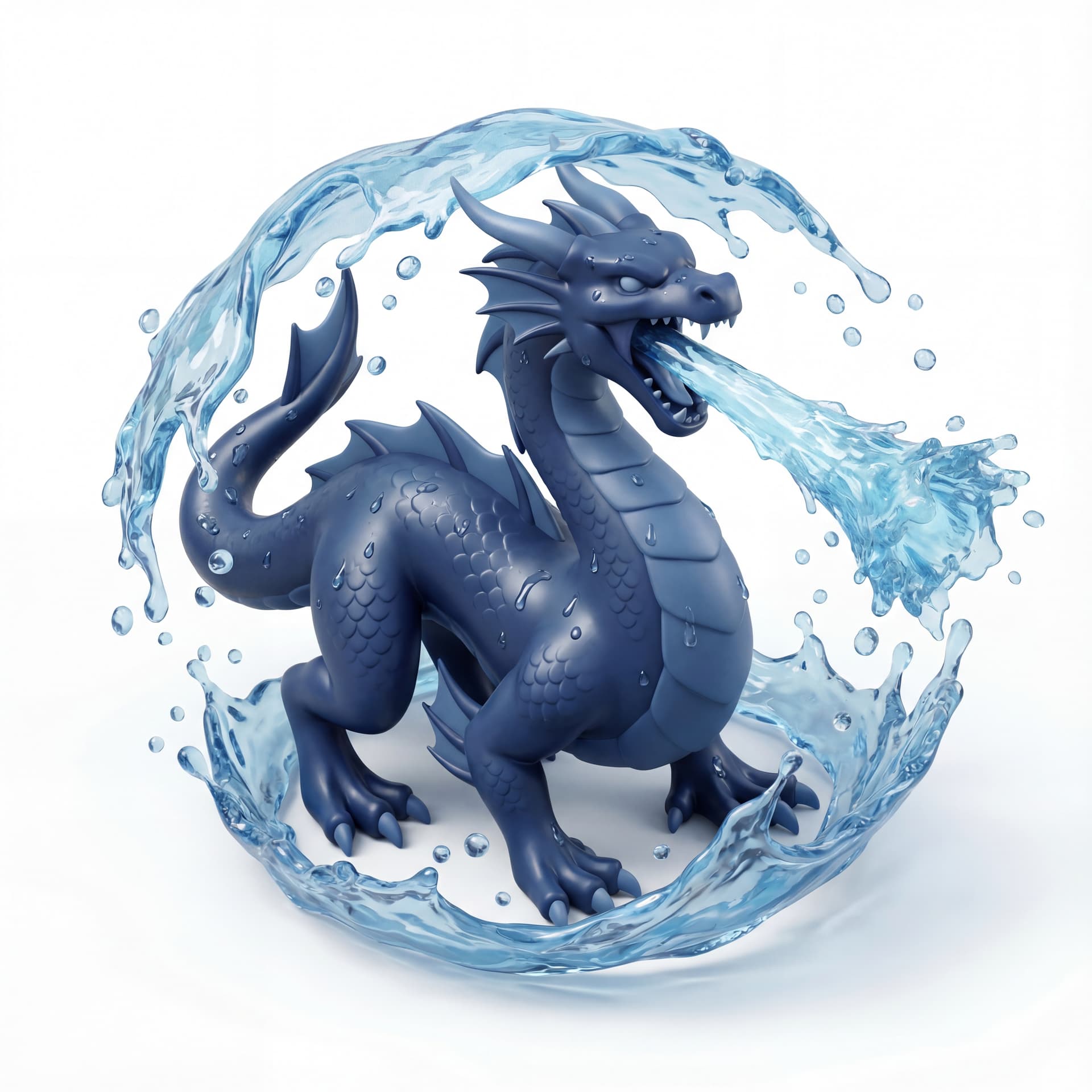 An isometric water dragon with navy-blue scales and reflective wet skin texture roaring forward while blasting a beam, wrapped in rolling water splashes and suspended droplets mid-air.