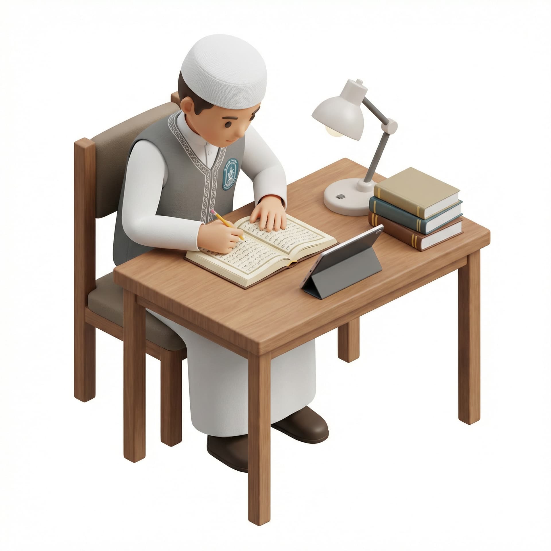 Buatkan gambar seorang murid al azhar lagi belajar