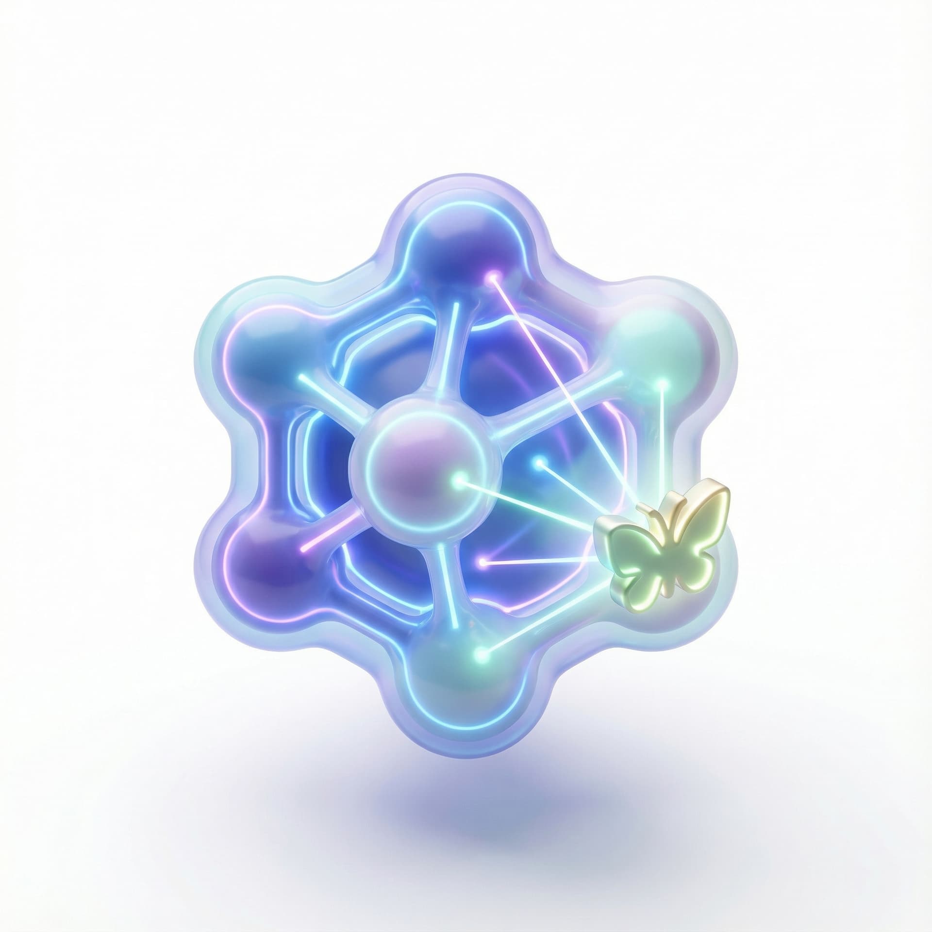 Realistic 3D icon of a glowing neural node cluster recognizing a small butterfly or leaf icon hovering in front of it. Soft neon lines, rounded glossy surfaces, Apple-style 3D rendering, white background.”