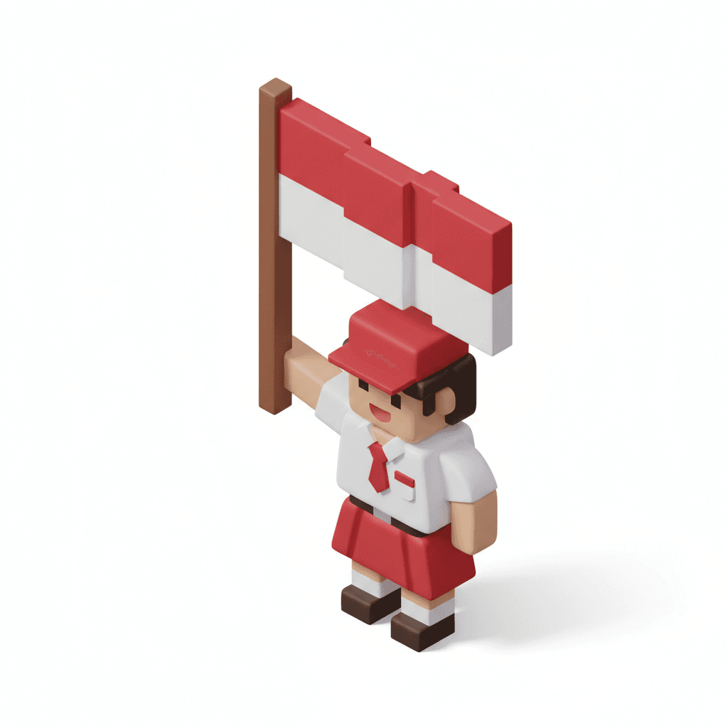 retro pixel isometric icon of a student in red-and-white uniform waving Indonesian flag