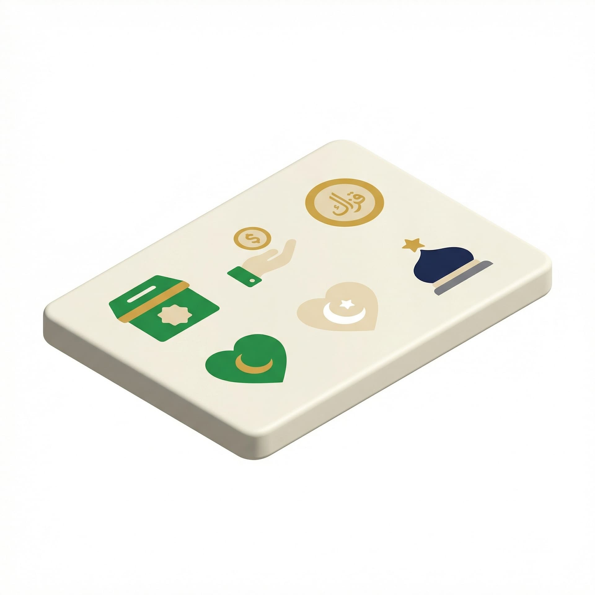 Flat icon sheet pack of Islamic charity icons, zakat box, donation hand, coin, heart, mosque charity symbol, minimal flat vector icons, exactly 6 colors (green, gold, cream, white, navy, gray), clean and professional stock style