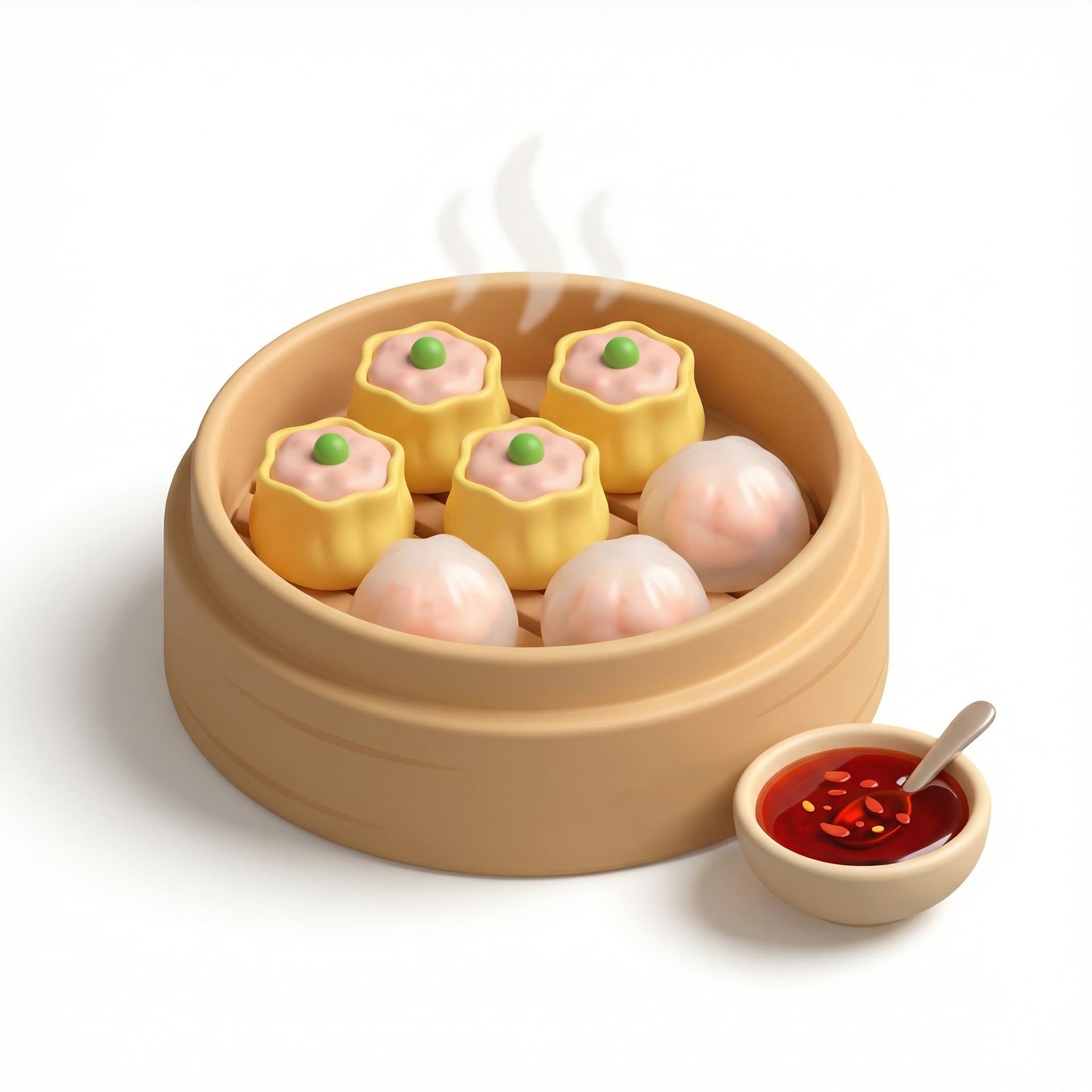 regular dimsum, six pieces in a bowl, with a small bowl of chili oil on the side, chibi 3d style